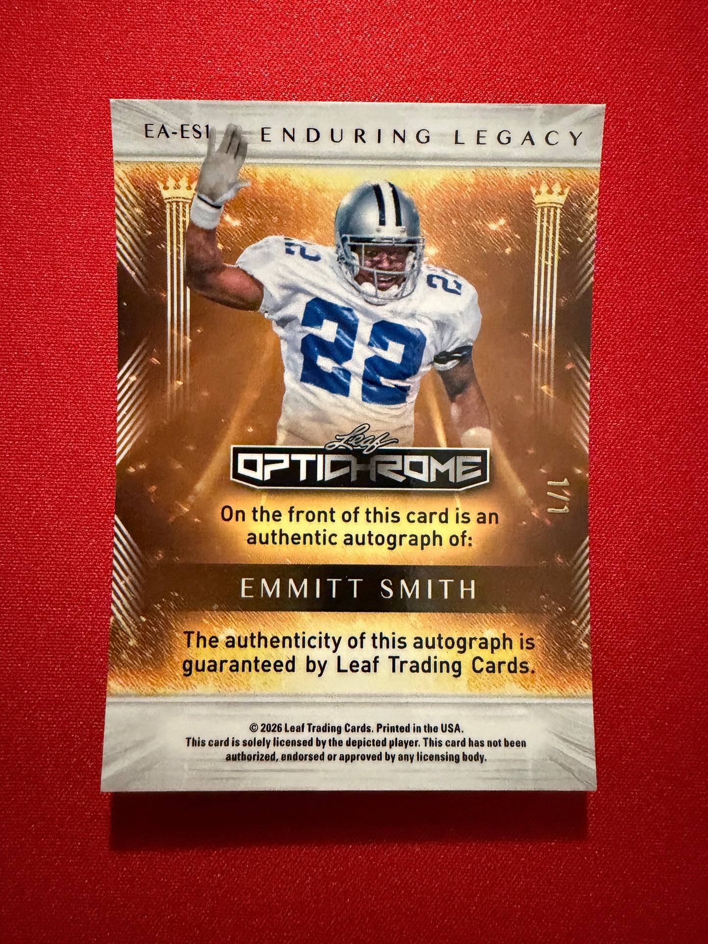Emmitt Smith 2026 Leaf Optichrome Football Enduring Legacy Auto Gold 1/1