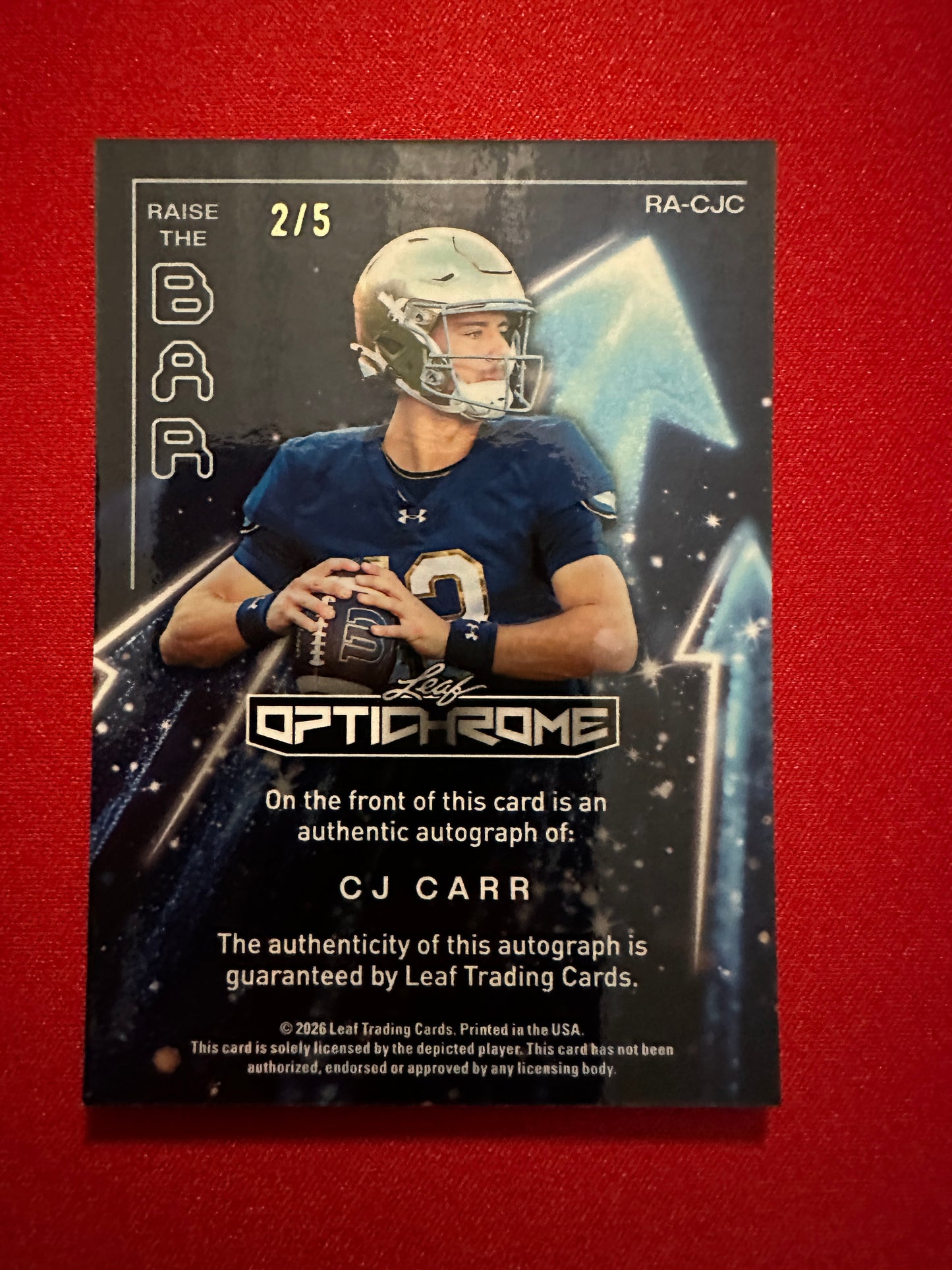 2026 Leaf Optichrome Football CJ Carr Raise the Bar Blue Auto /5 Color Match