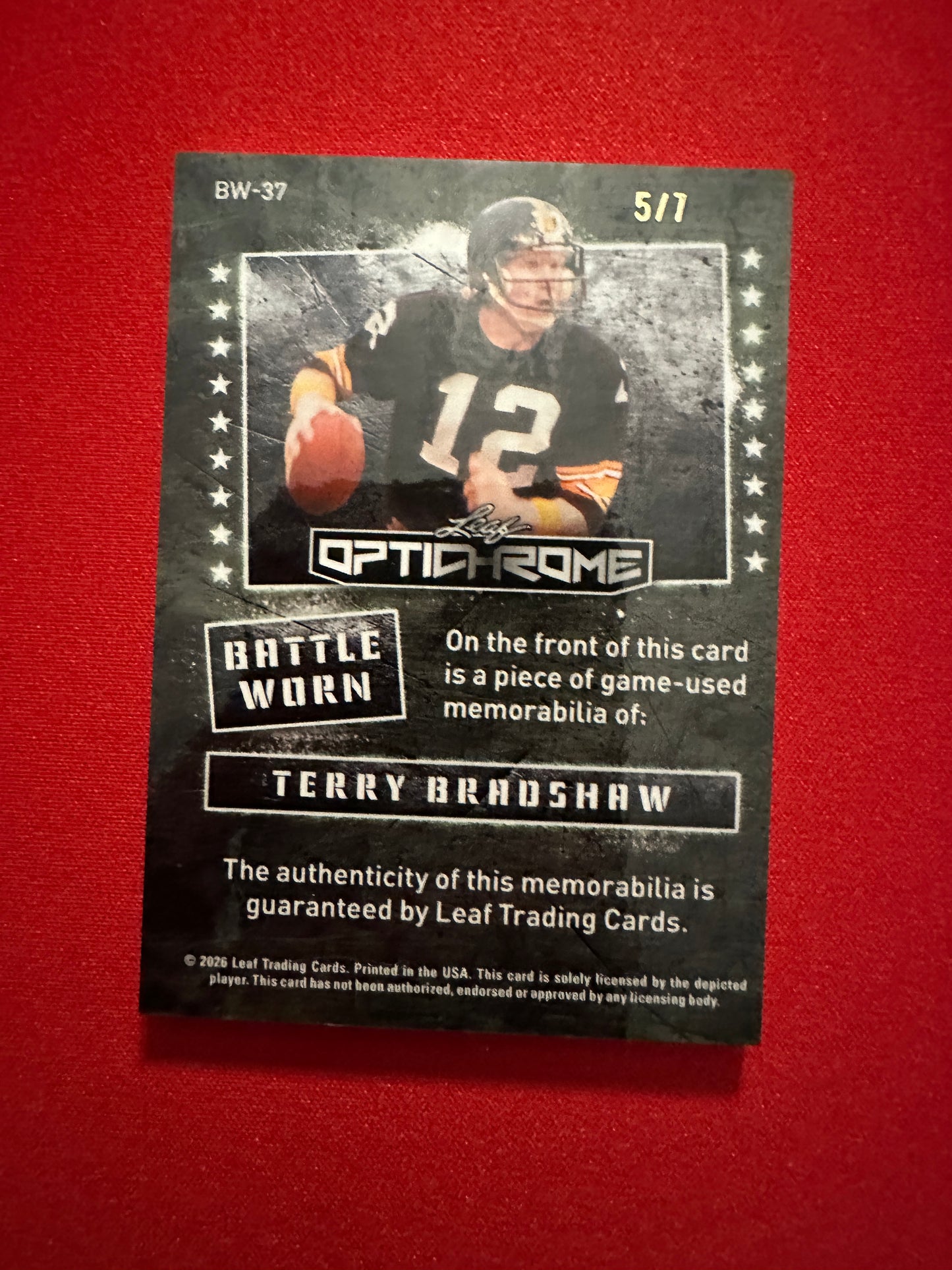 2026 Leaf Optichrome Football Terry Bradshaw Battle Worn Purple Prismatic Patch /7