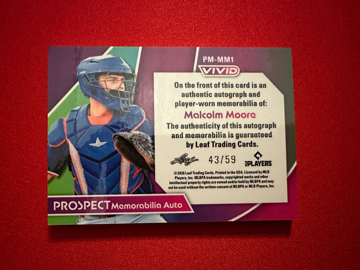 Malcolm Moore 2026 Leaf Vivid Baseball Prospect Memorabilia Auto Teal /59
