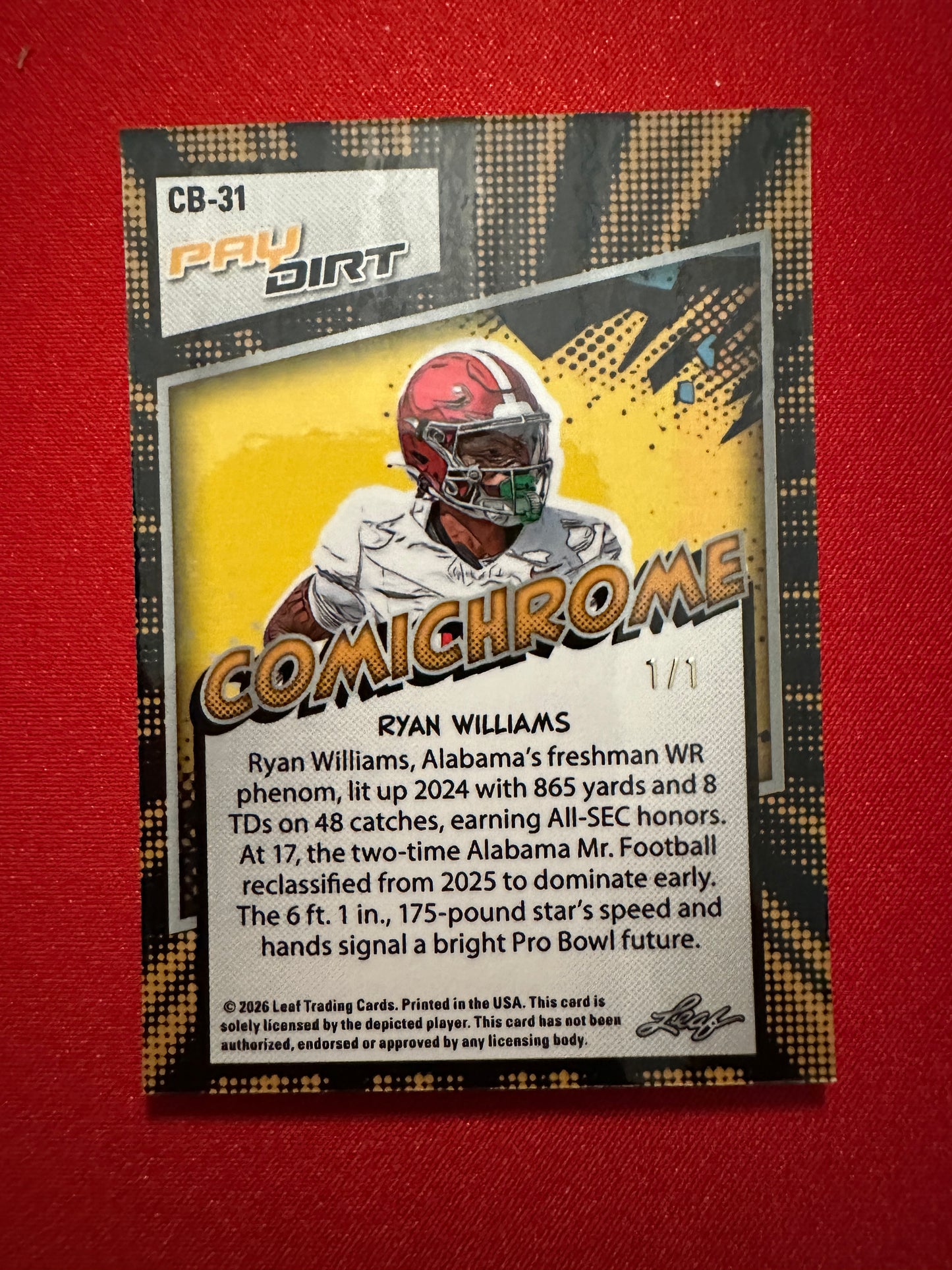 Ryan Williams 2026 Leaf Paydirt Football Comichrome Gold Super Prismatic 1/1