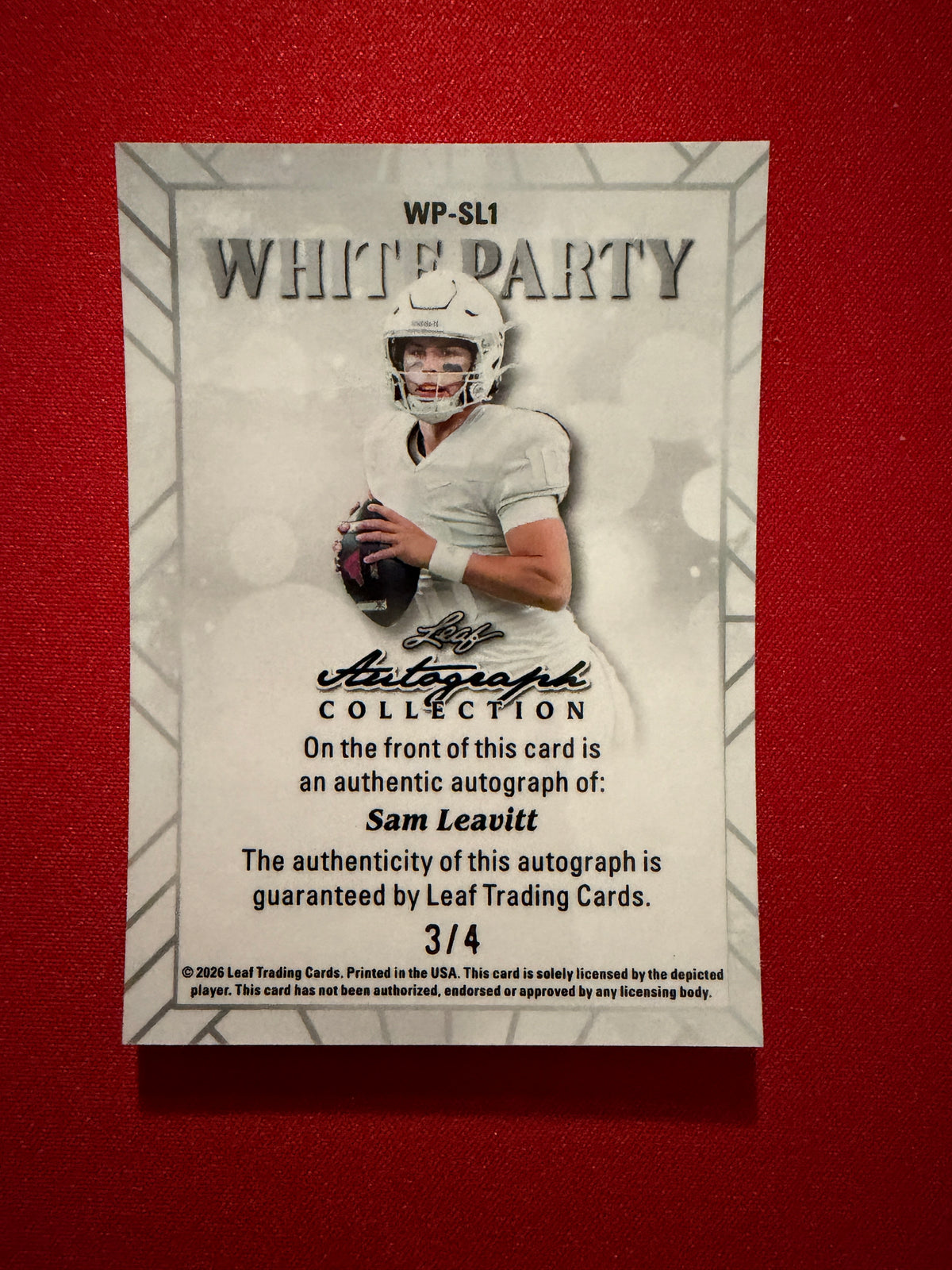 Sam Leavitt 2026 Leaf Autograph Collection Football White Party Shimmer /4