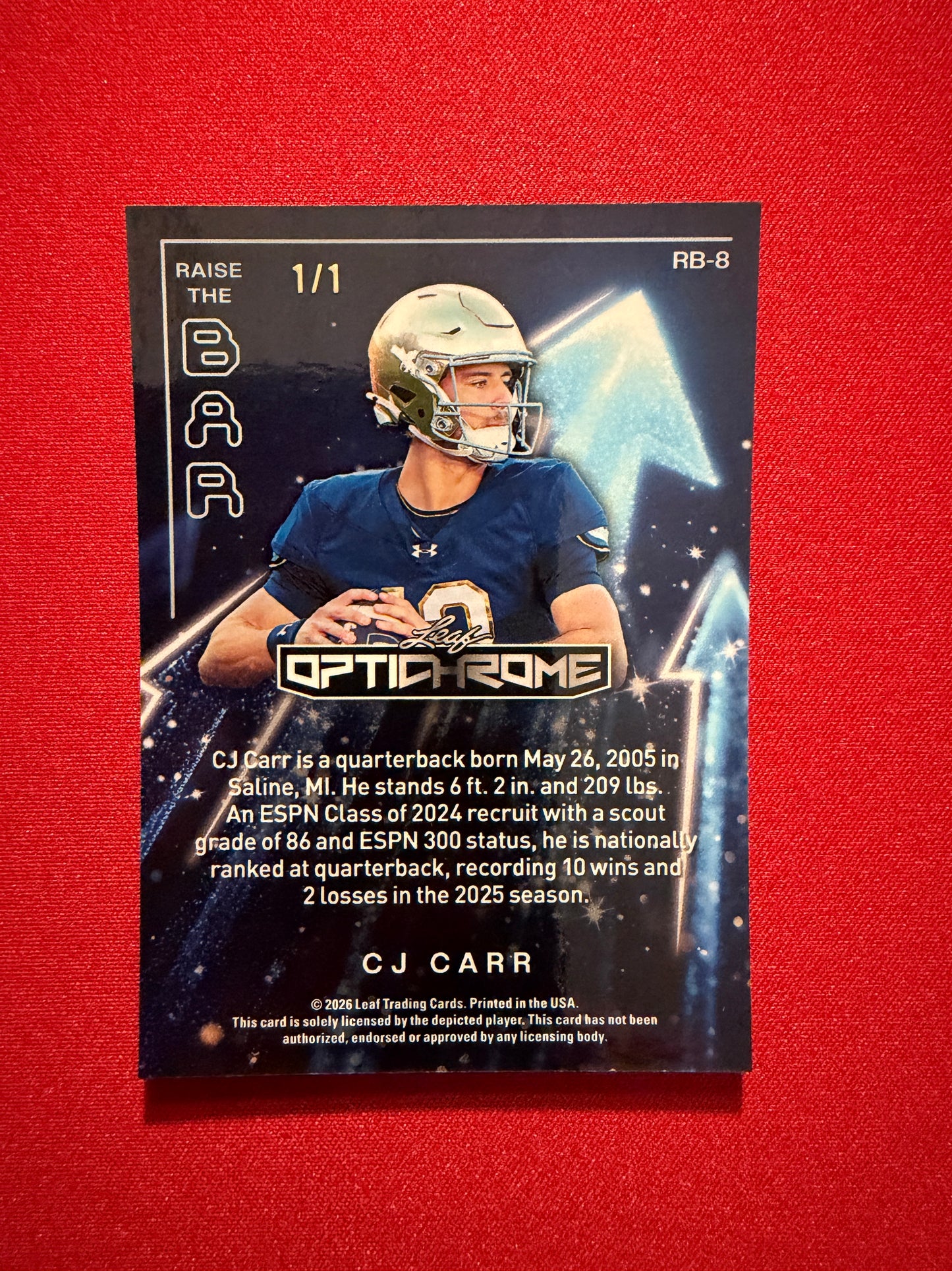2026 Leaf Optichrome Football CJ Carr Purple Shimmer 1/1