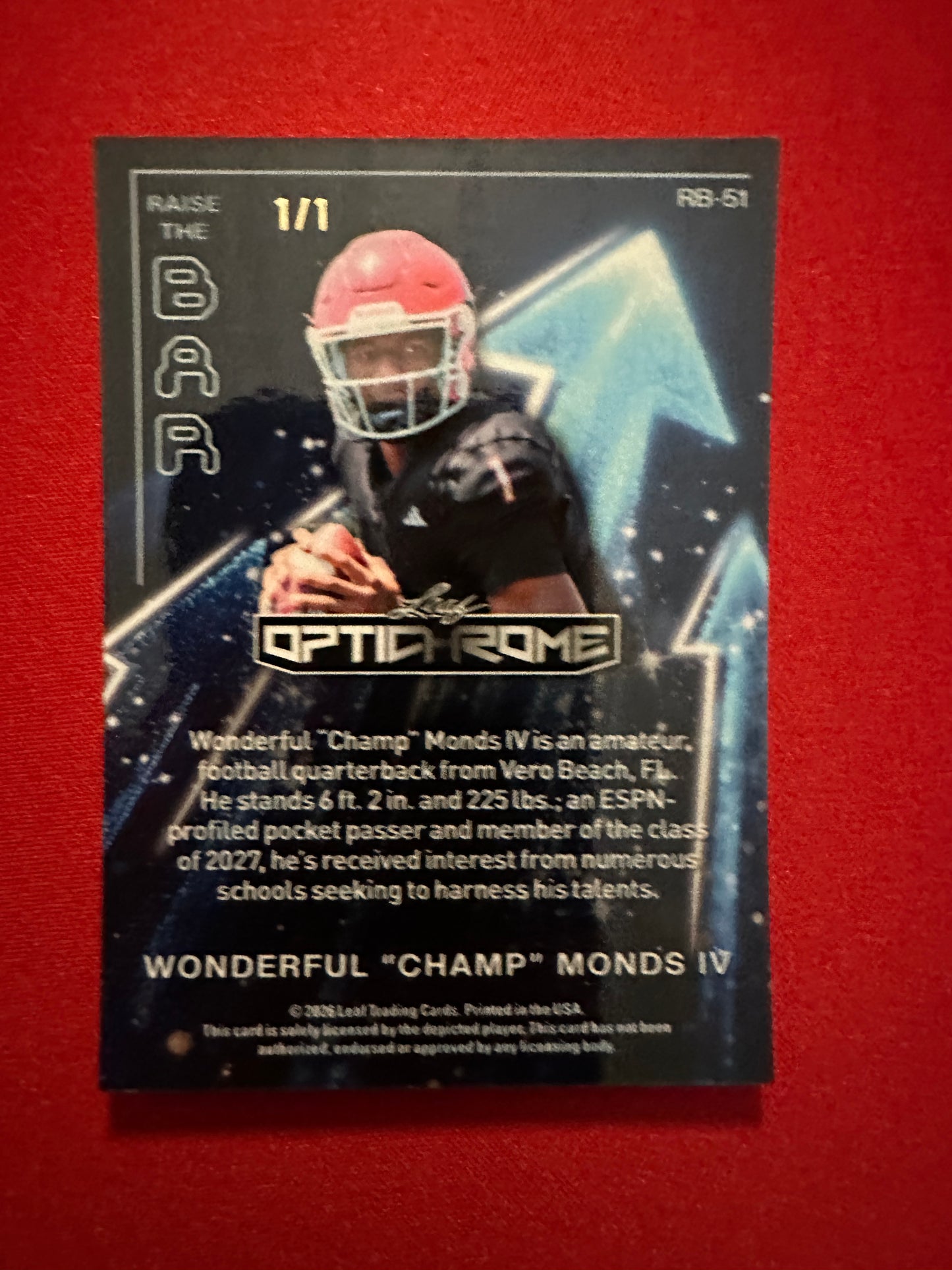 2026 Leaf Optichrome Champ Monds IV RAISE THE BAR BLACK PRISMATIC 1/1 Notre Dame