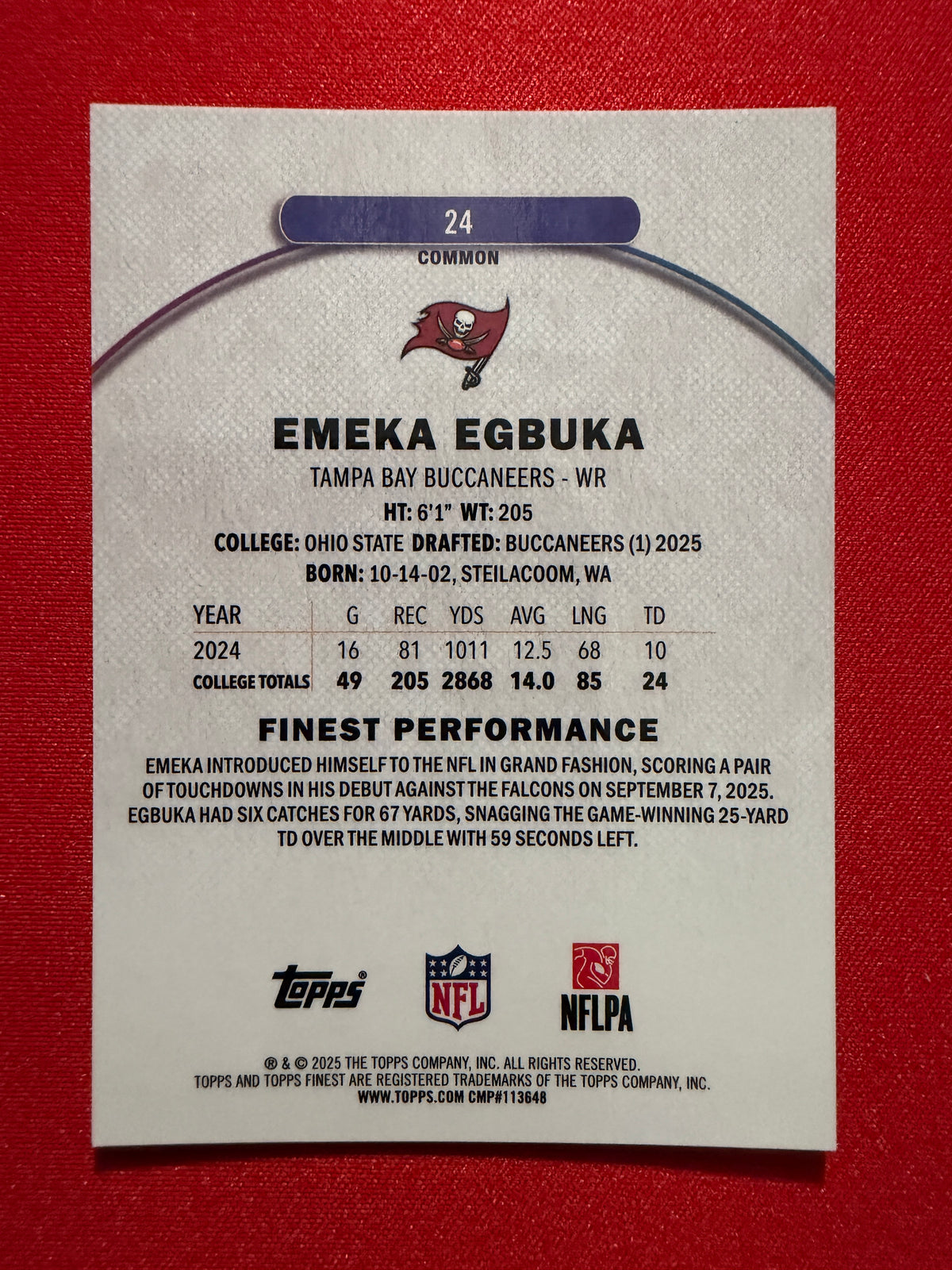 2025 Topps Finest Football Emeka Egbuka Common Green /75 RC #24