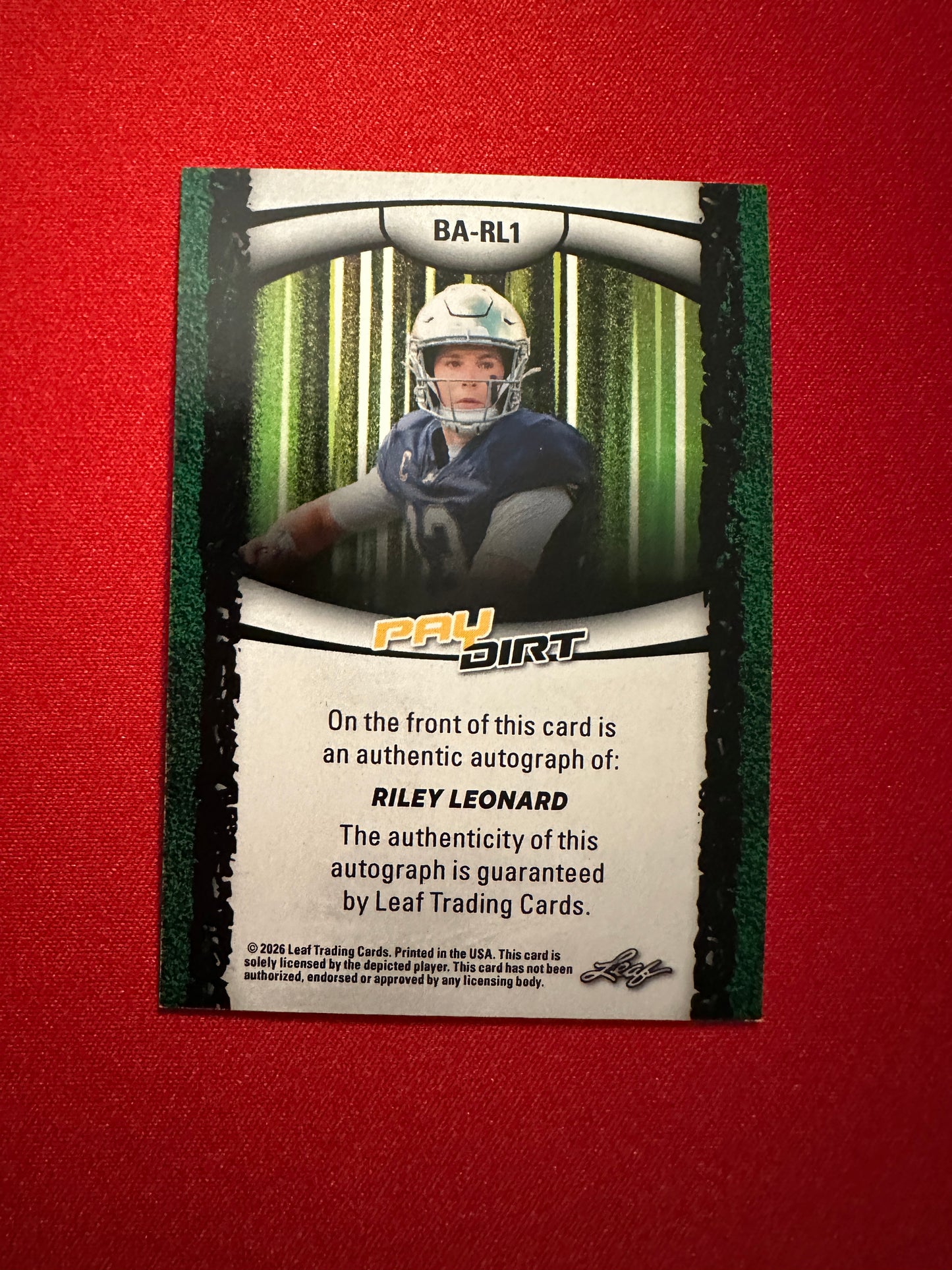 2026 Leaf Paydirt Riley Leonard Blue Auto 4/5 Color Match Card BA-RL1