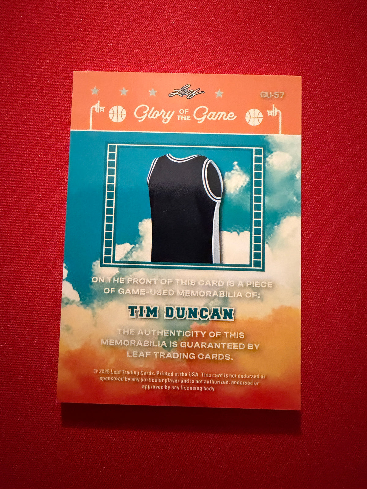 Tim Duncan 2025 Leaf Glory of the Game Game-Used Jersey 1/20 Bookend