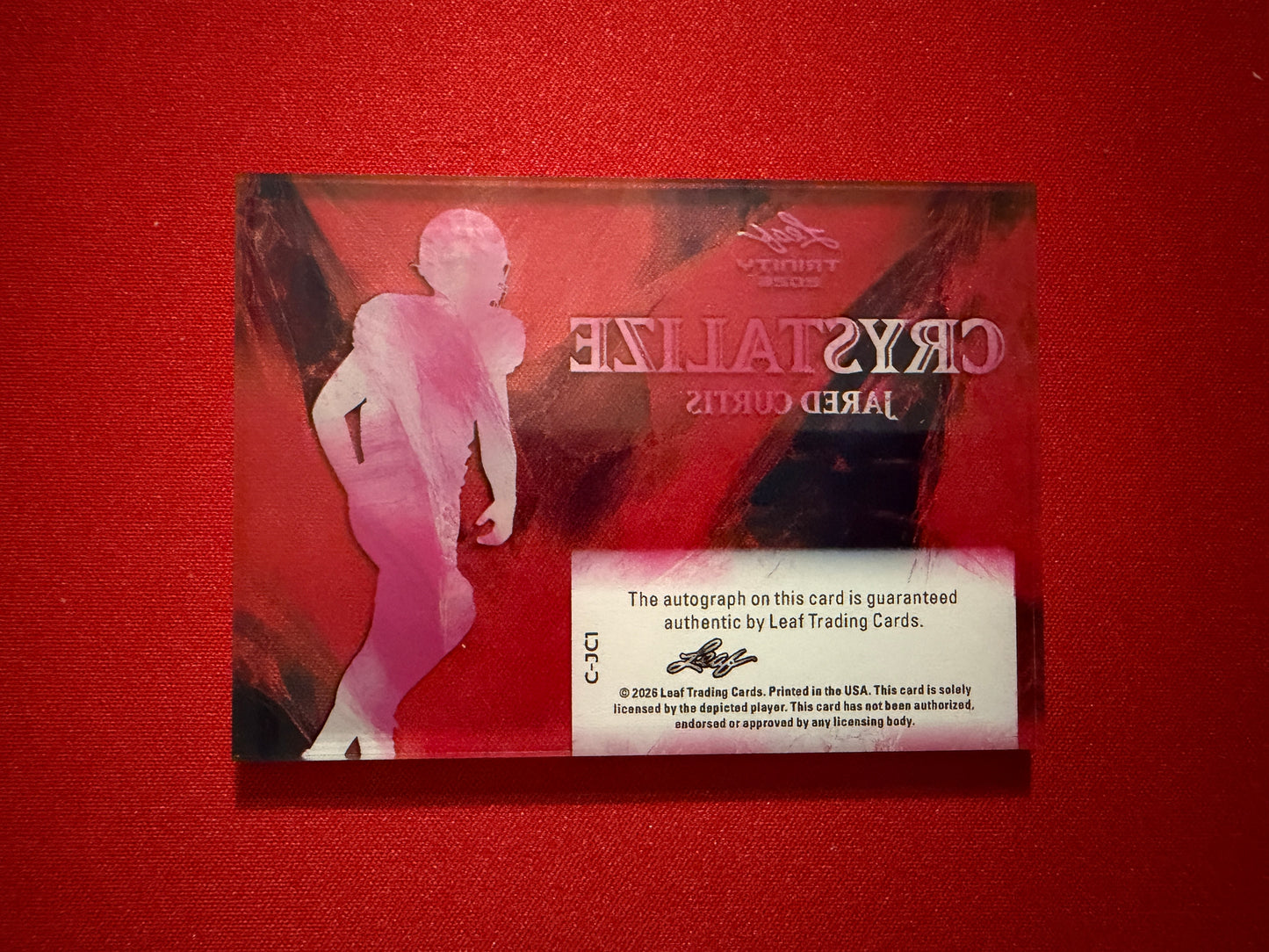 Jared Curtis 2026 Leaf Trinity Football Crystalize Auto Pink Clear