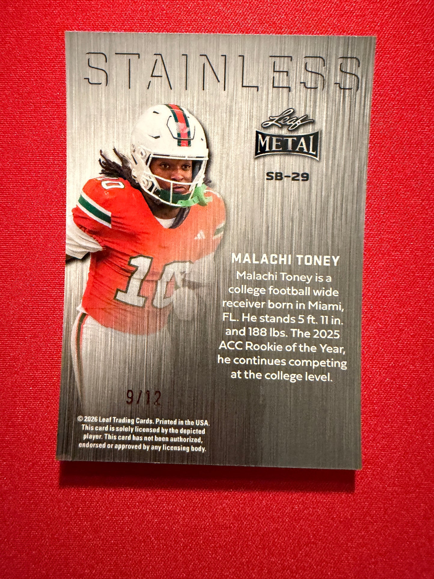 Malachi Toney 2026 Leaf Metal Football Silver Prismatic Stainless 9/12