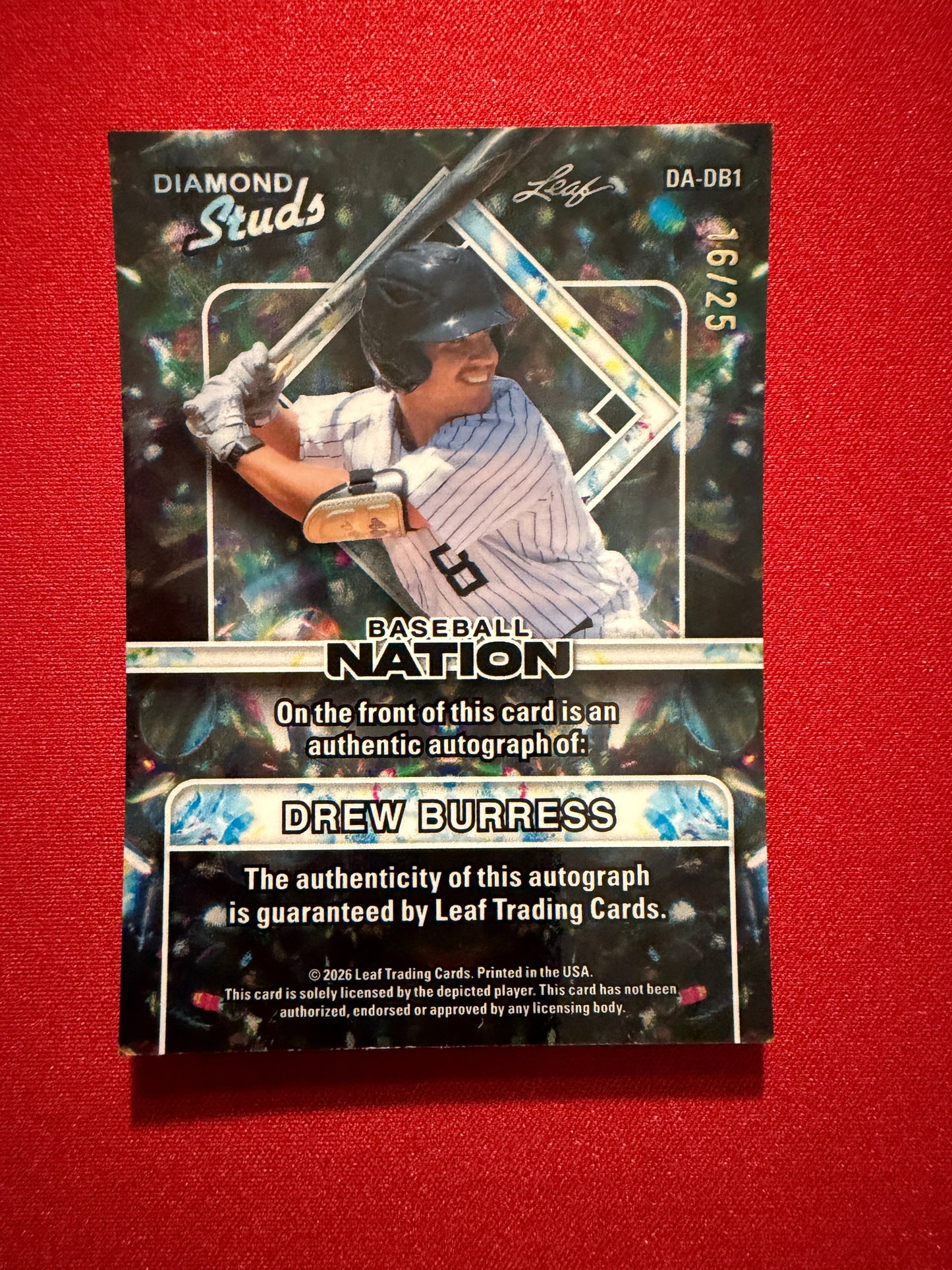 Drew Burress 2026 Leaf Baseball Nation Diamond Studs Silver Prismatic Auto /25
