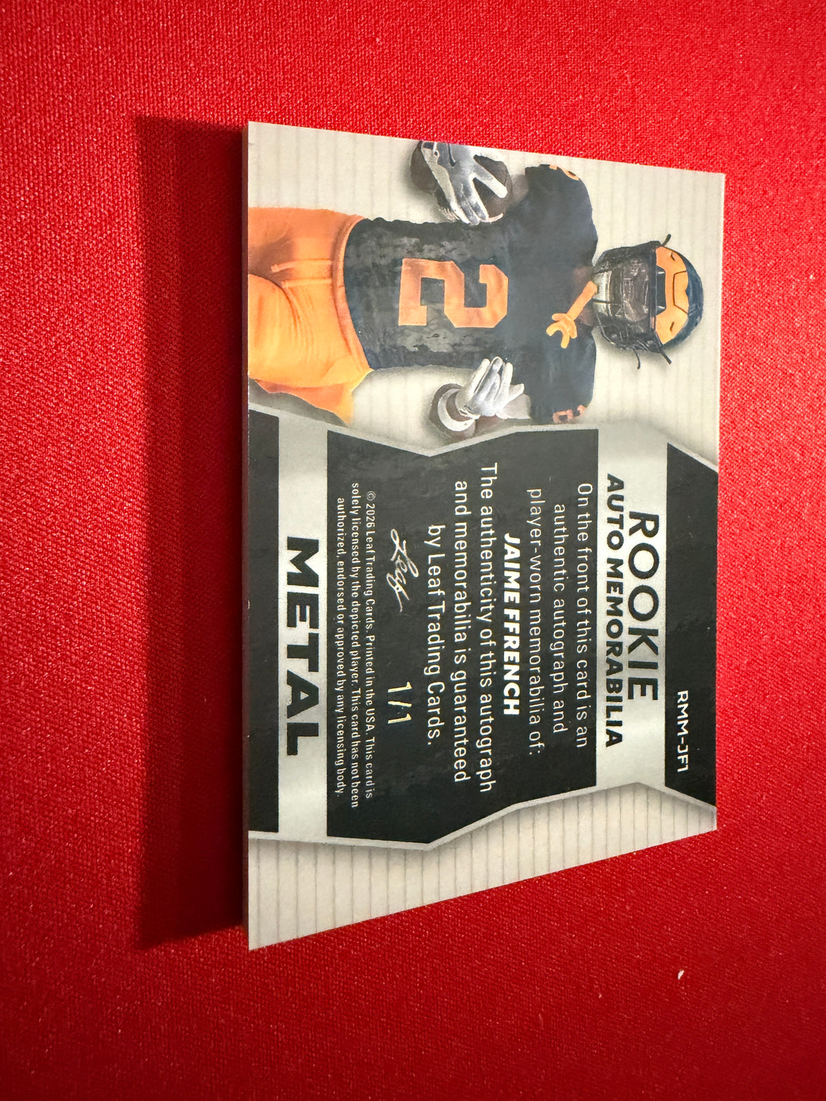 Jamie Ffrench 2026 Leaf Trinity Football Rookie Auto Mem Metal Gold True 1/1