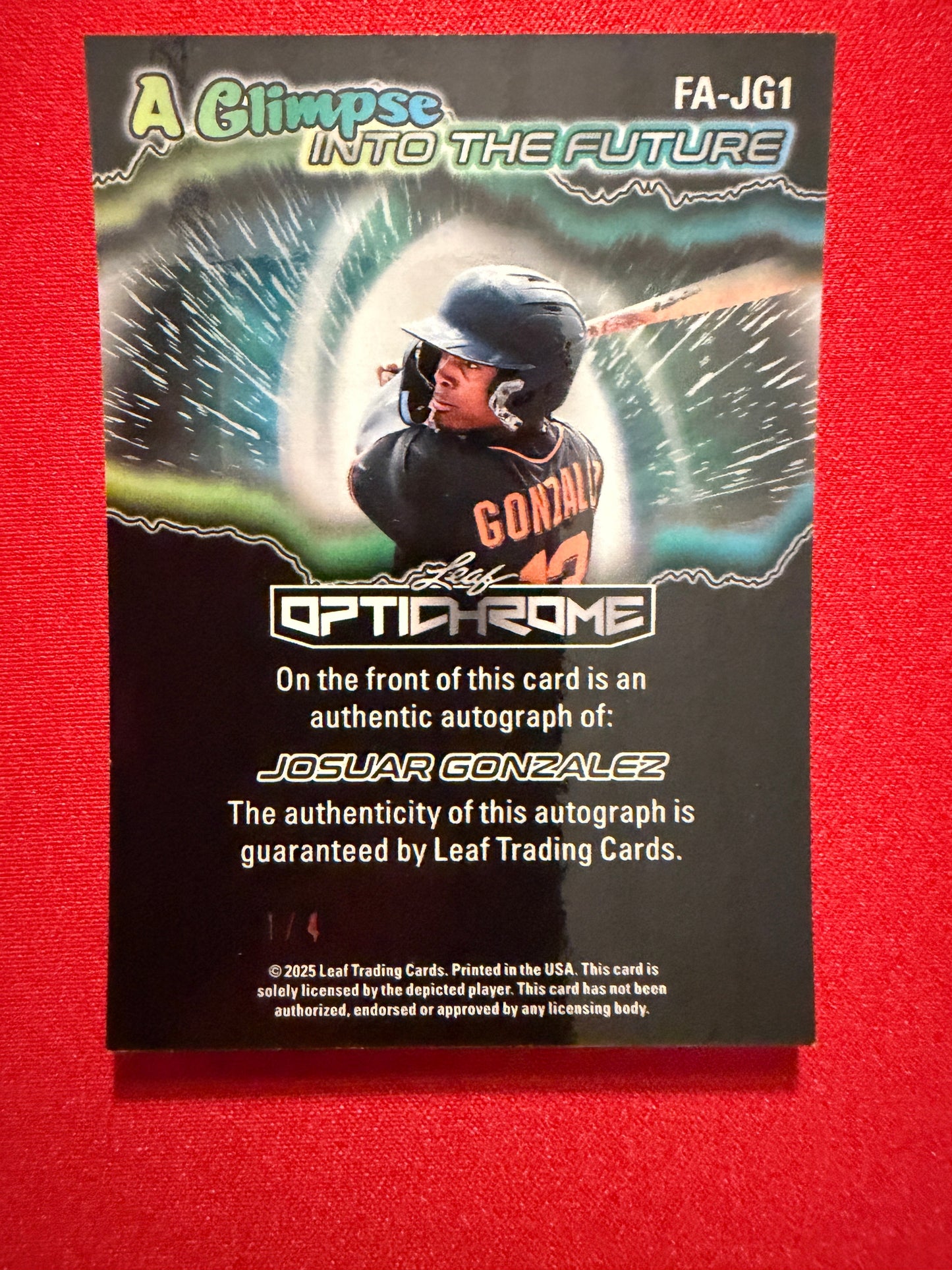 2025 Leaf Optichrome Baseball Josuar Gonzalez Glipse Into Future Orange /4