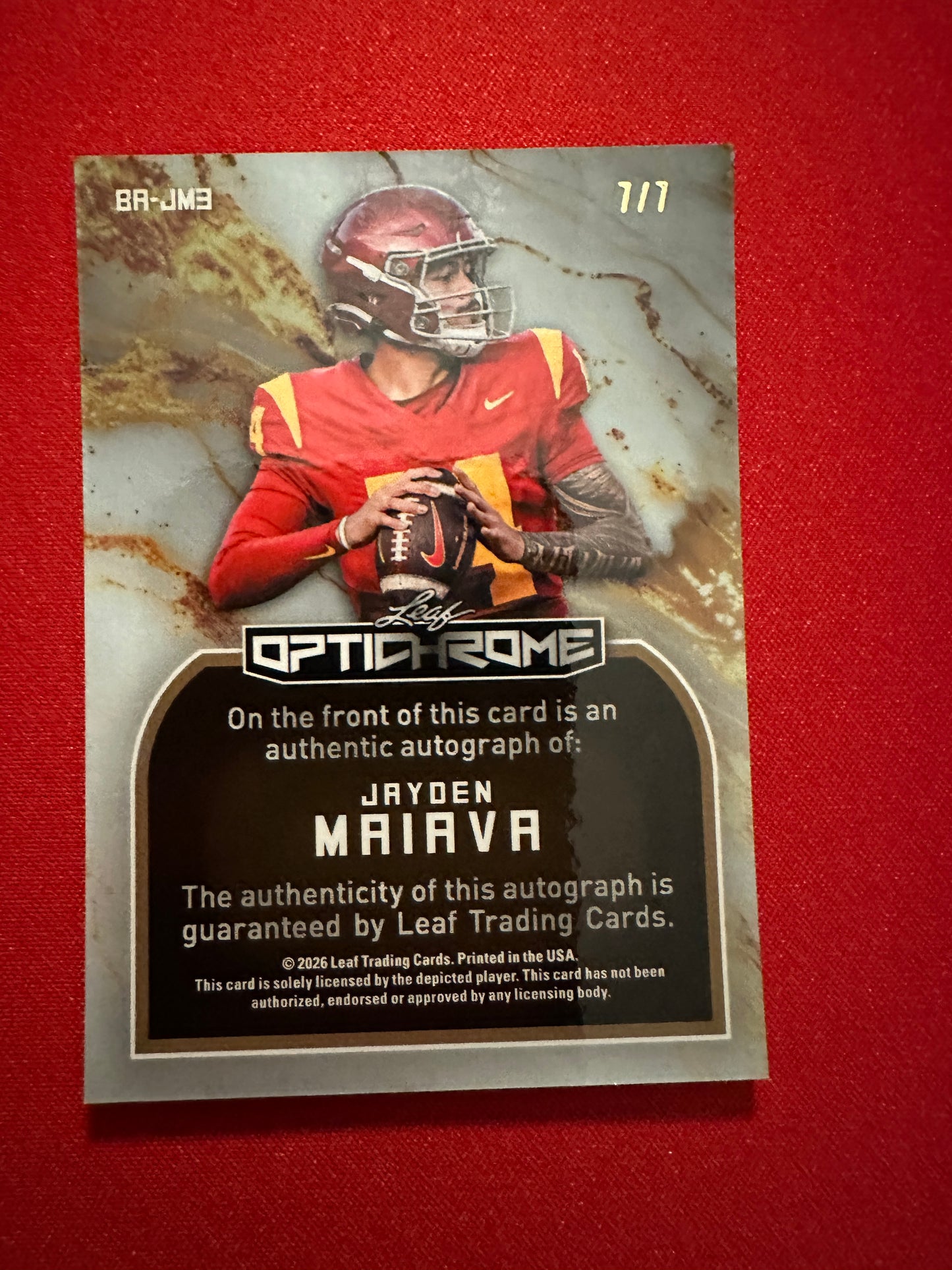 2026 Leaf Optichrome Football Jayden Maiava Base Autograph Purple Prismatic /7