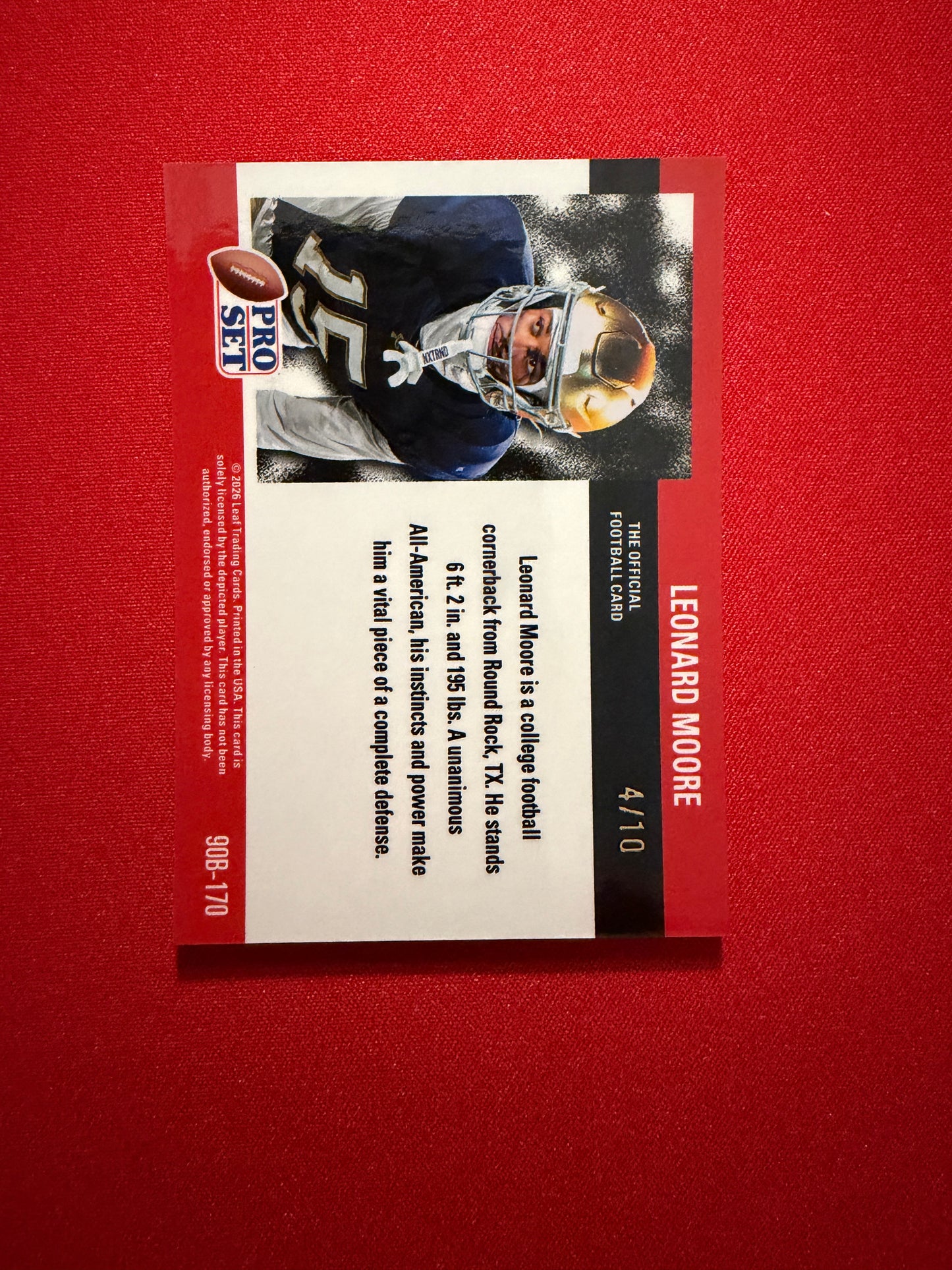Leonard Moore 2026 Leaf Pro Set Metal Football 1990 Red White Blue /10