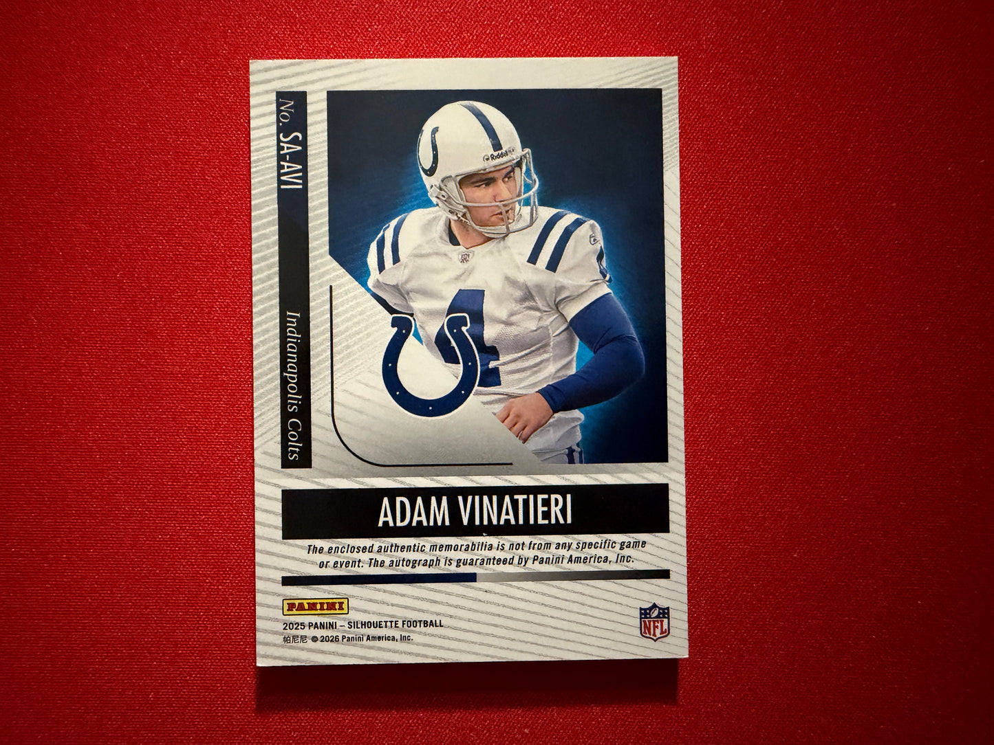 Adam Vinatieri 2025 Panini Silhouette Football Silhouette Autographs Patch Auto /99