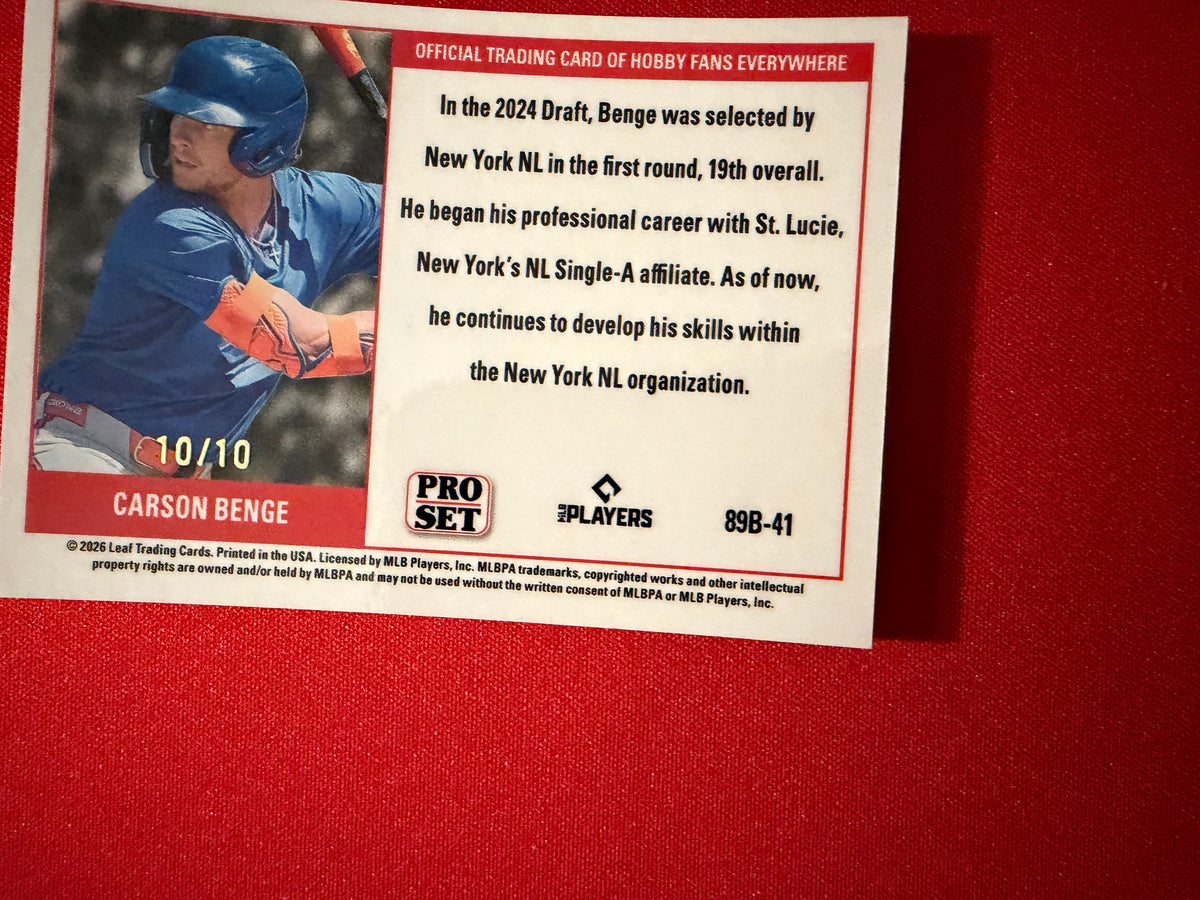 Carson Benge 2026 Leaf Pro Set Metal Baseball 1989 Silver 10/10 Bookend