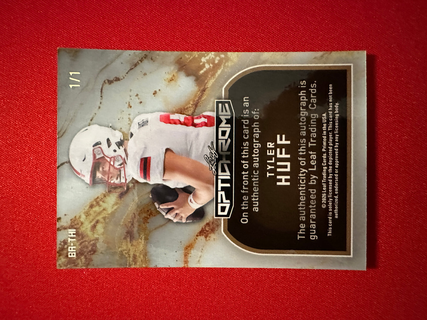 Tyler Huff 2026 Leaf Optichrome Football Smiley Have a Nice Day Gold Super Prismatic 1/1 Autograph
