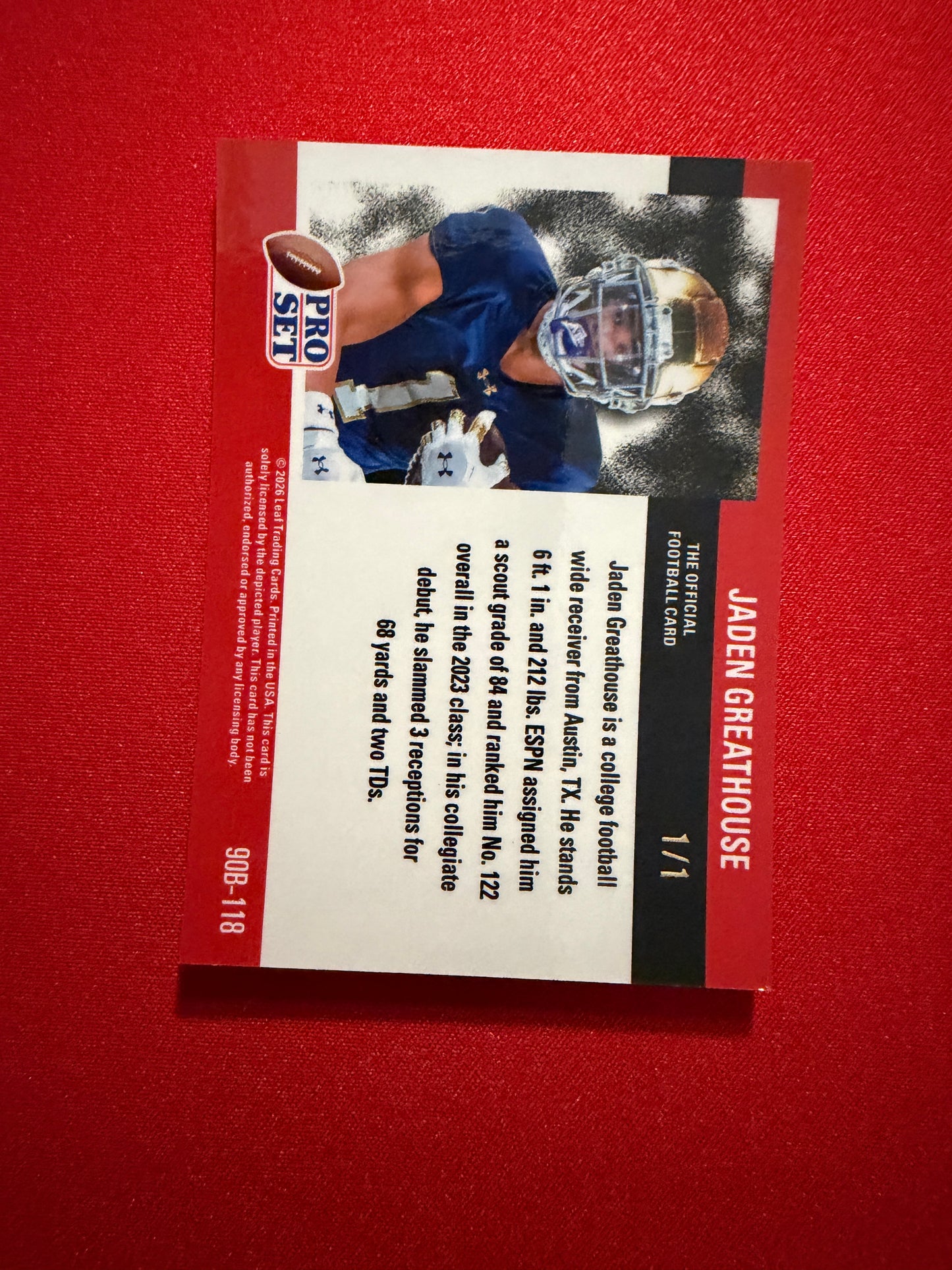 Jaden Greathouse 2026 Leaf Pro Set Metal Football 1990 Gold 1/1