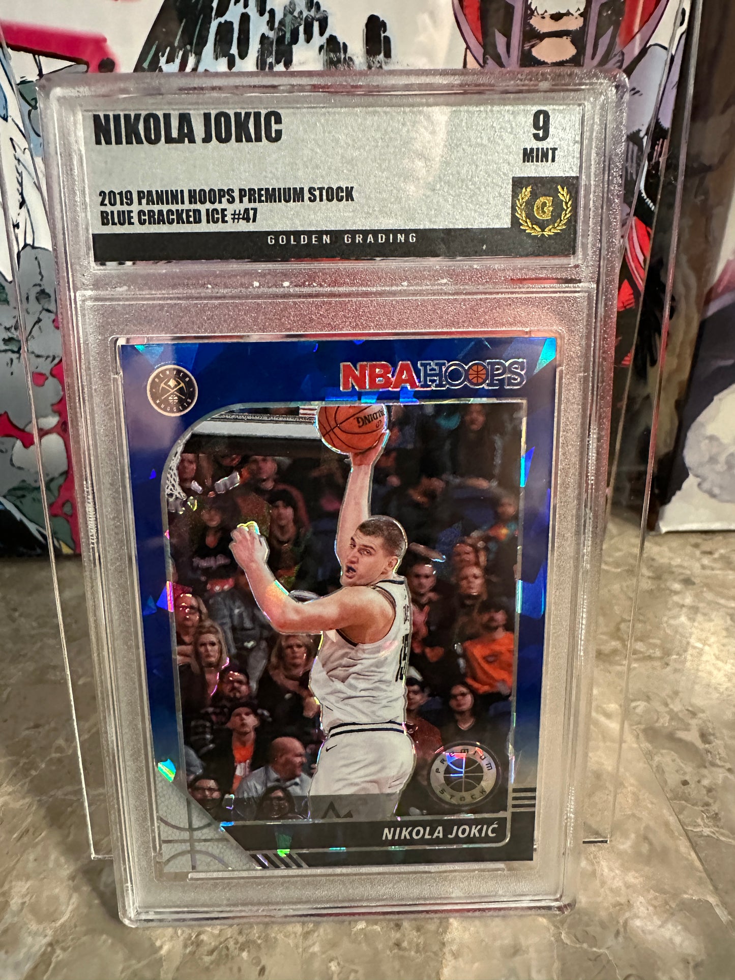 Nikola Jokic #16 Graded 9 Mint (2019 Panini Hoops Premium Stock) - Blue Cracked Ice