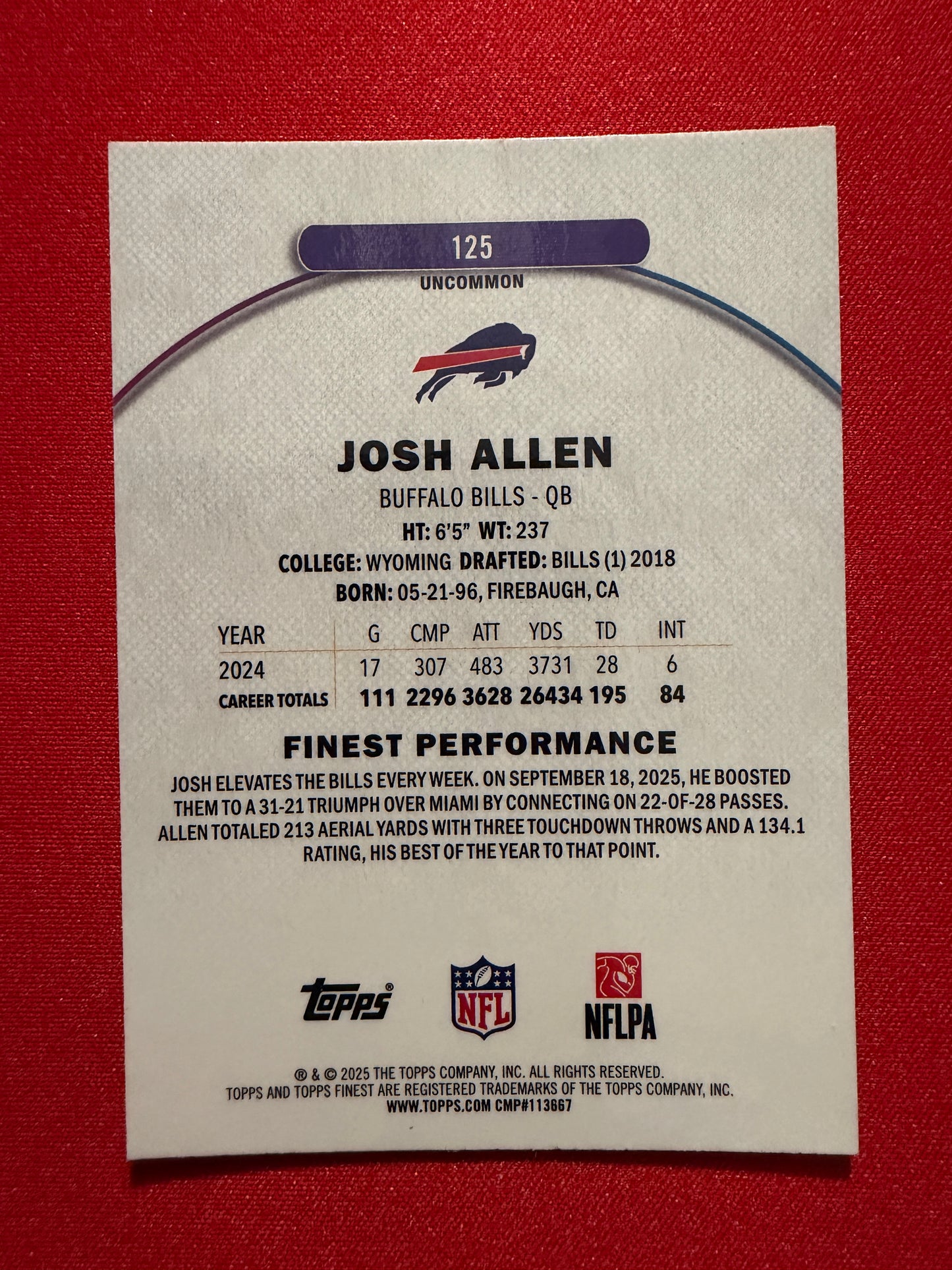 2025 Topps Finest Football Josh Allen Uncommon Purple Parallel /200 #125