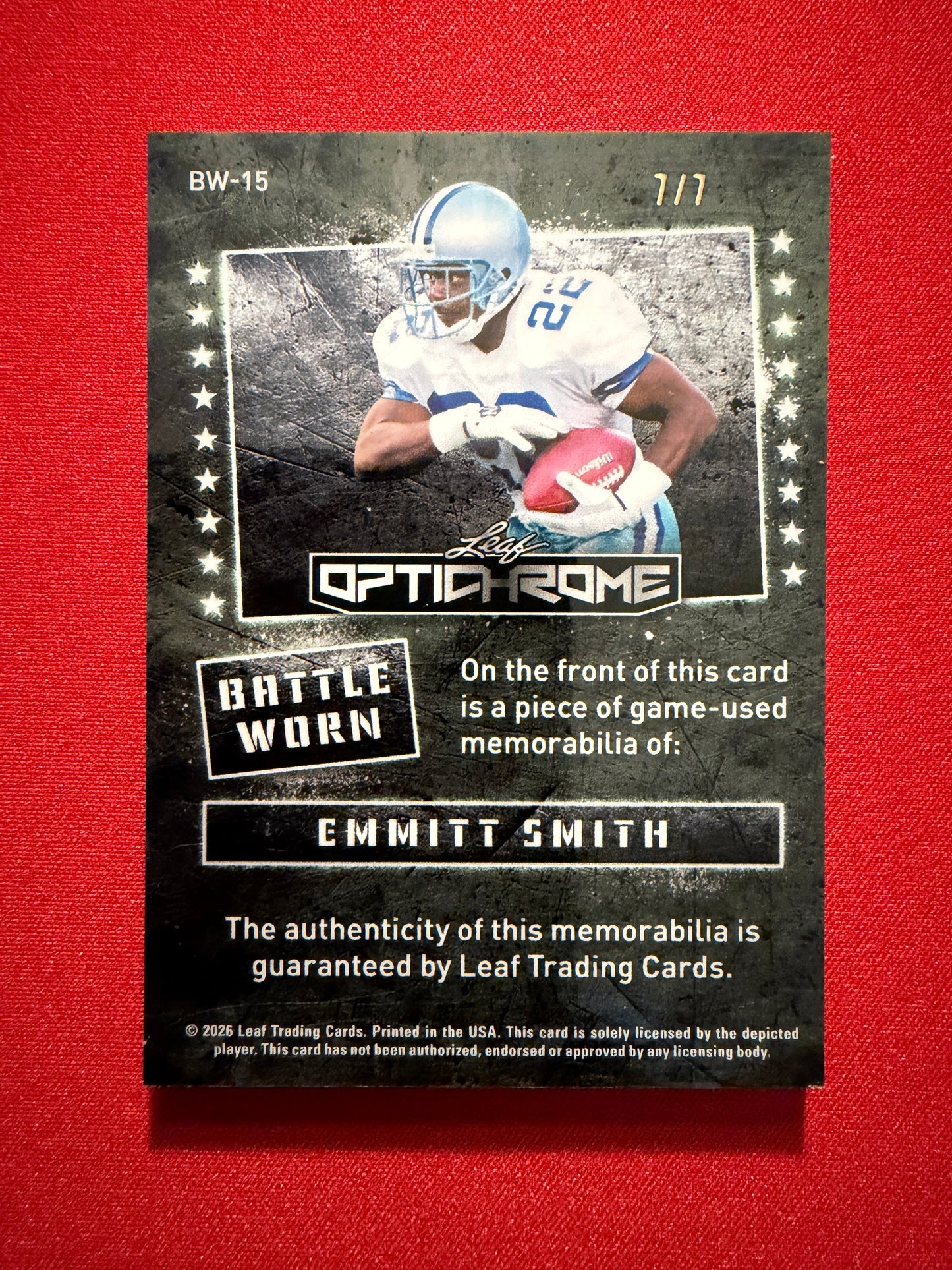 2026 Leaf Optichrome Football Battle Worn Emmitt Smith Game-Used 7/7