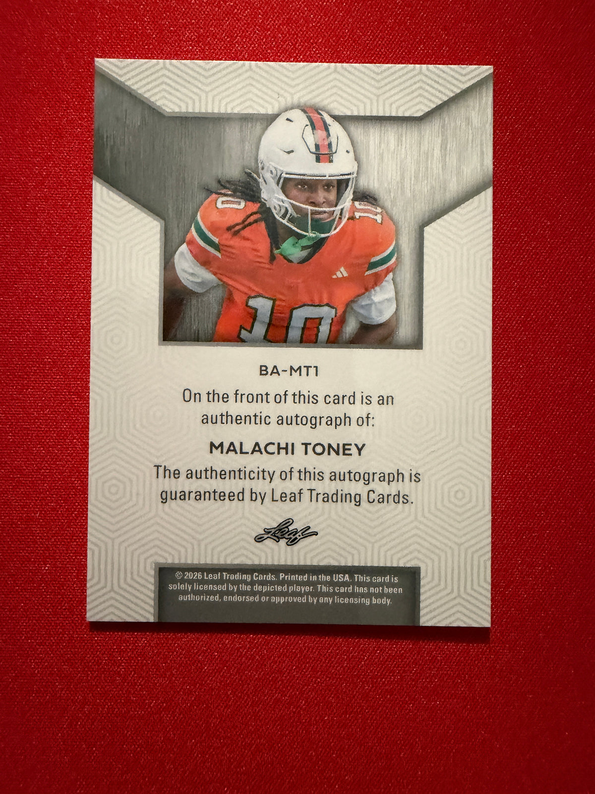 Malachi Toney 2026 Leaf Trinity Football Base Auto Platinum /40