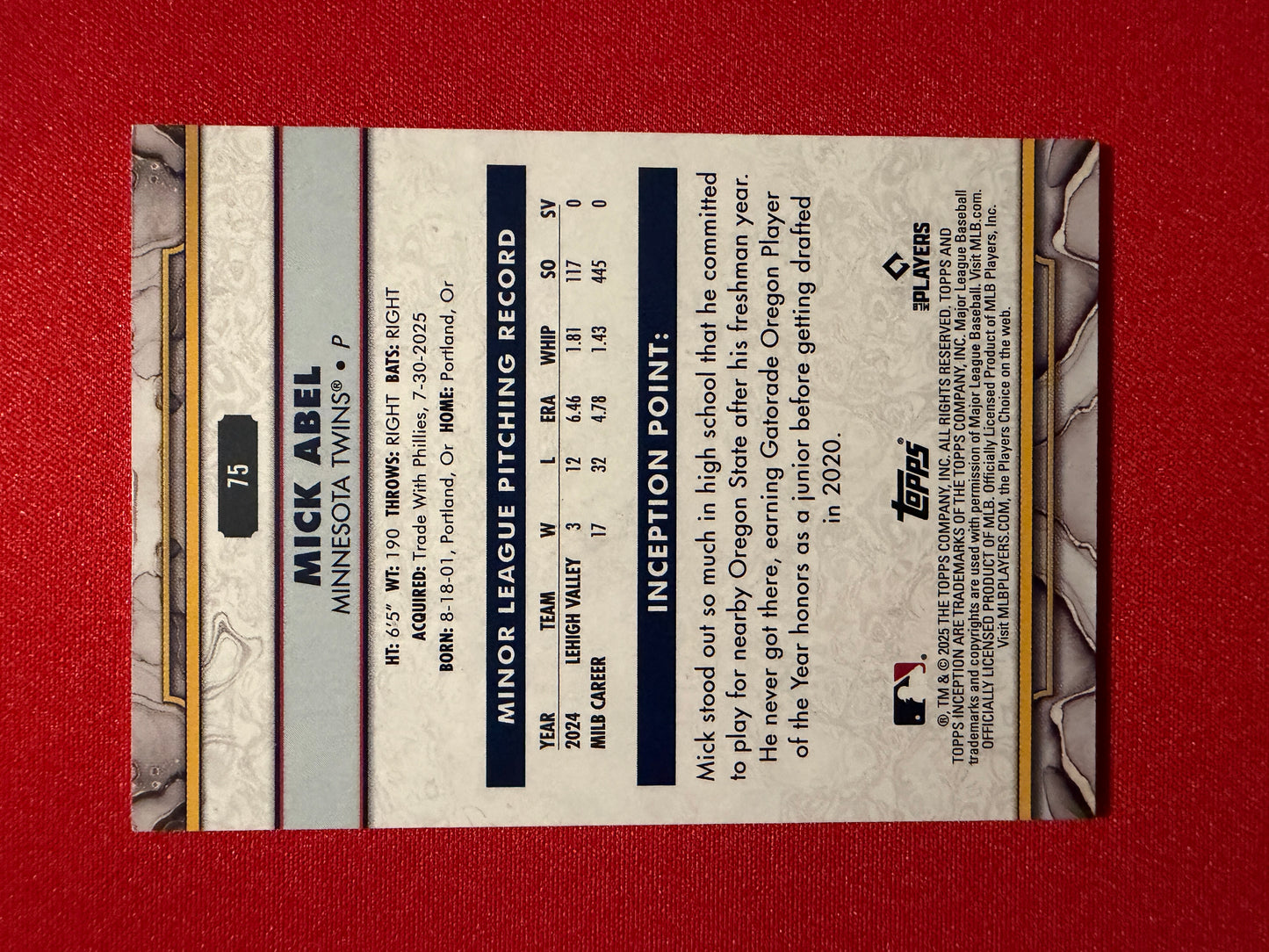 2025 Topps Inception Mick Abel RC Rookie Card Purple /150