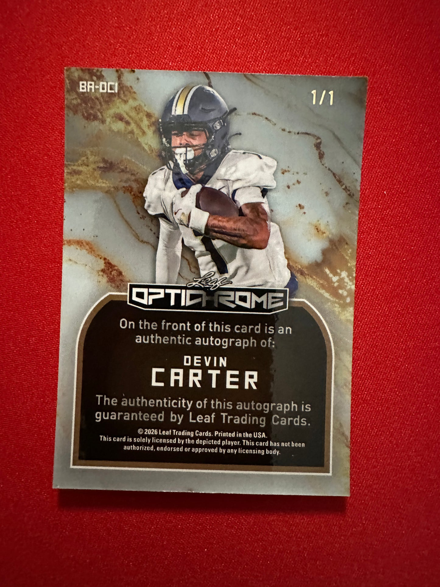2026 Leaf Optichrome Devin Carter SUPER GOLD PRISMATIC PEACE AUTO 1/1 FSU WR