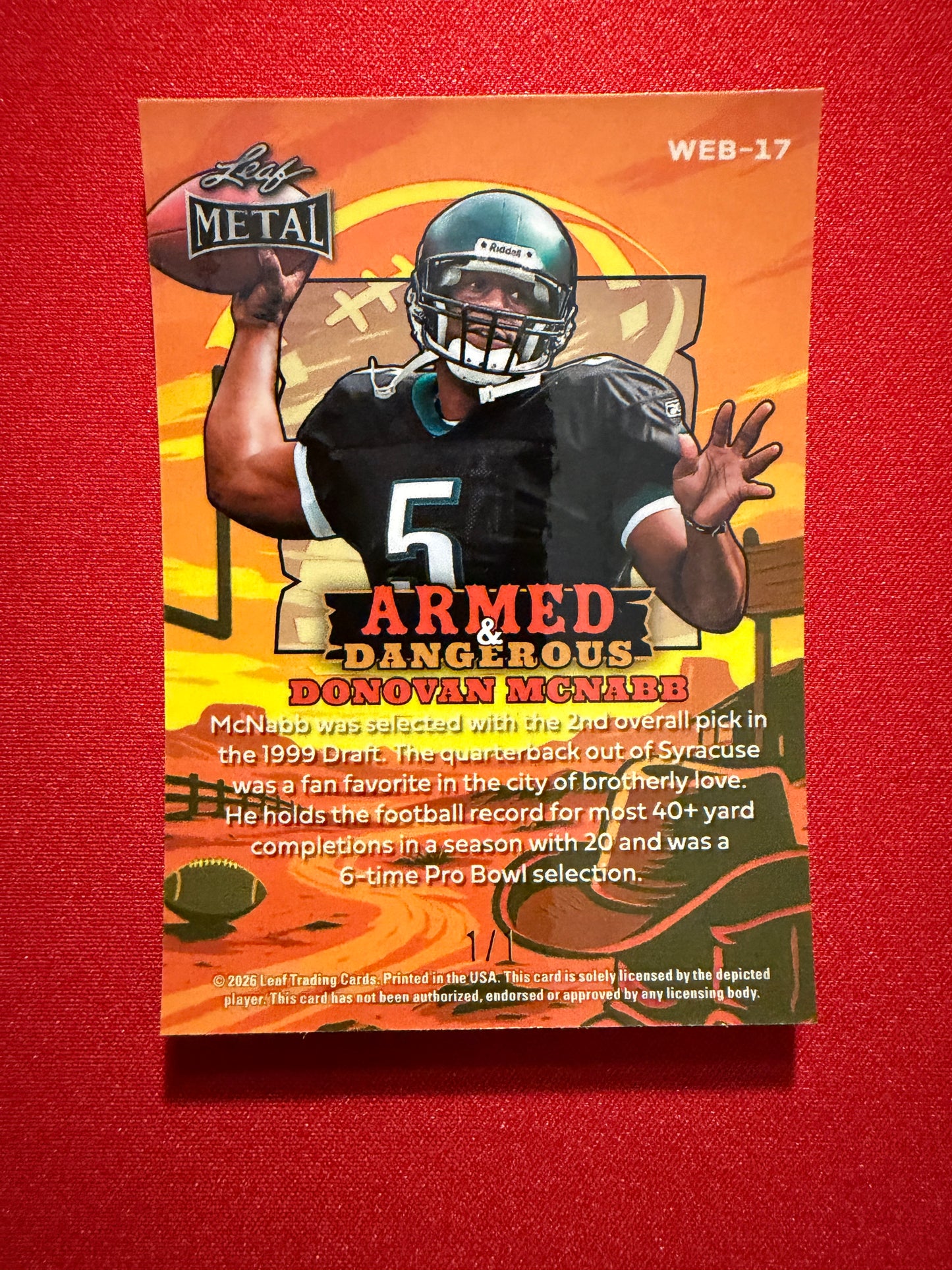 2026 Leaf Metal Football Armed & Dangerous Donovan McNabb Red Flood 1/1