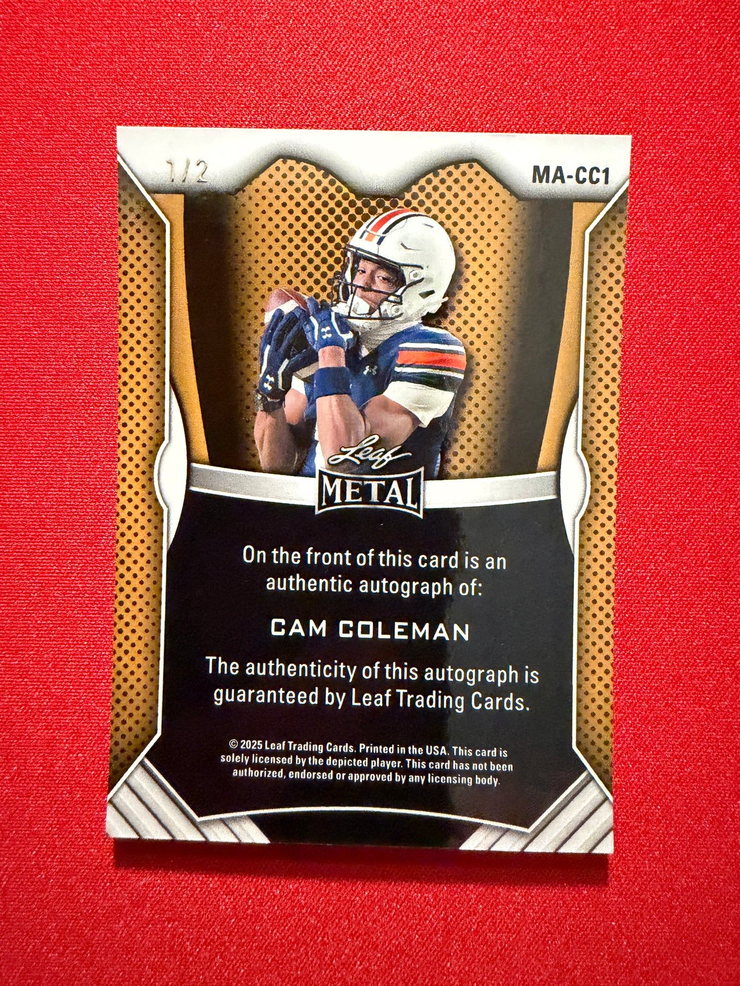 Cam Coleman 2026 Leaf Trinity Football Metal On-Card Auto Purple Shimmer 1/2