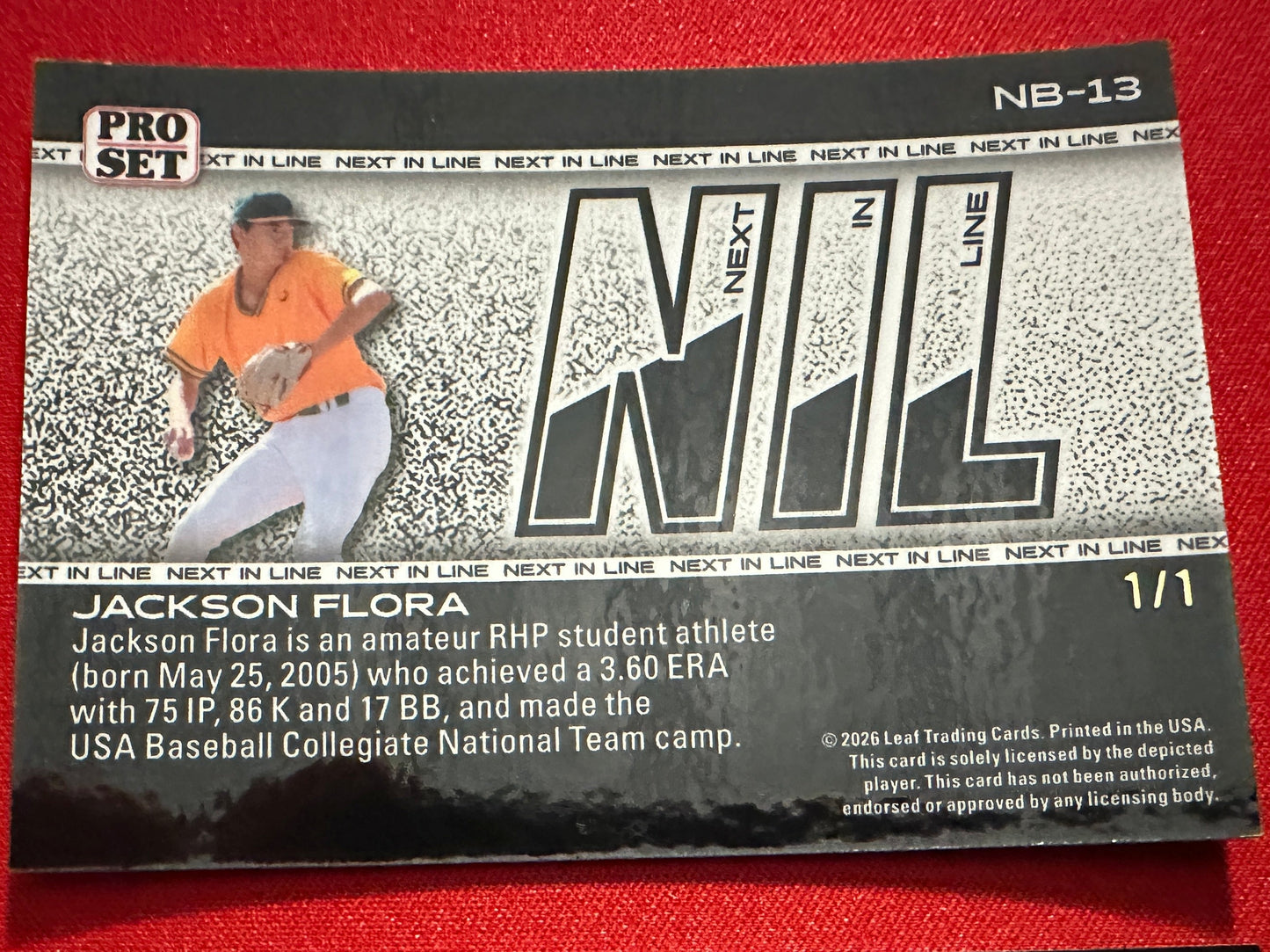 2026 Leaf Pro Set Next In Line Jackson Flora 1/1 Super Gold Prismatic