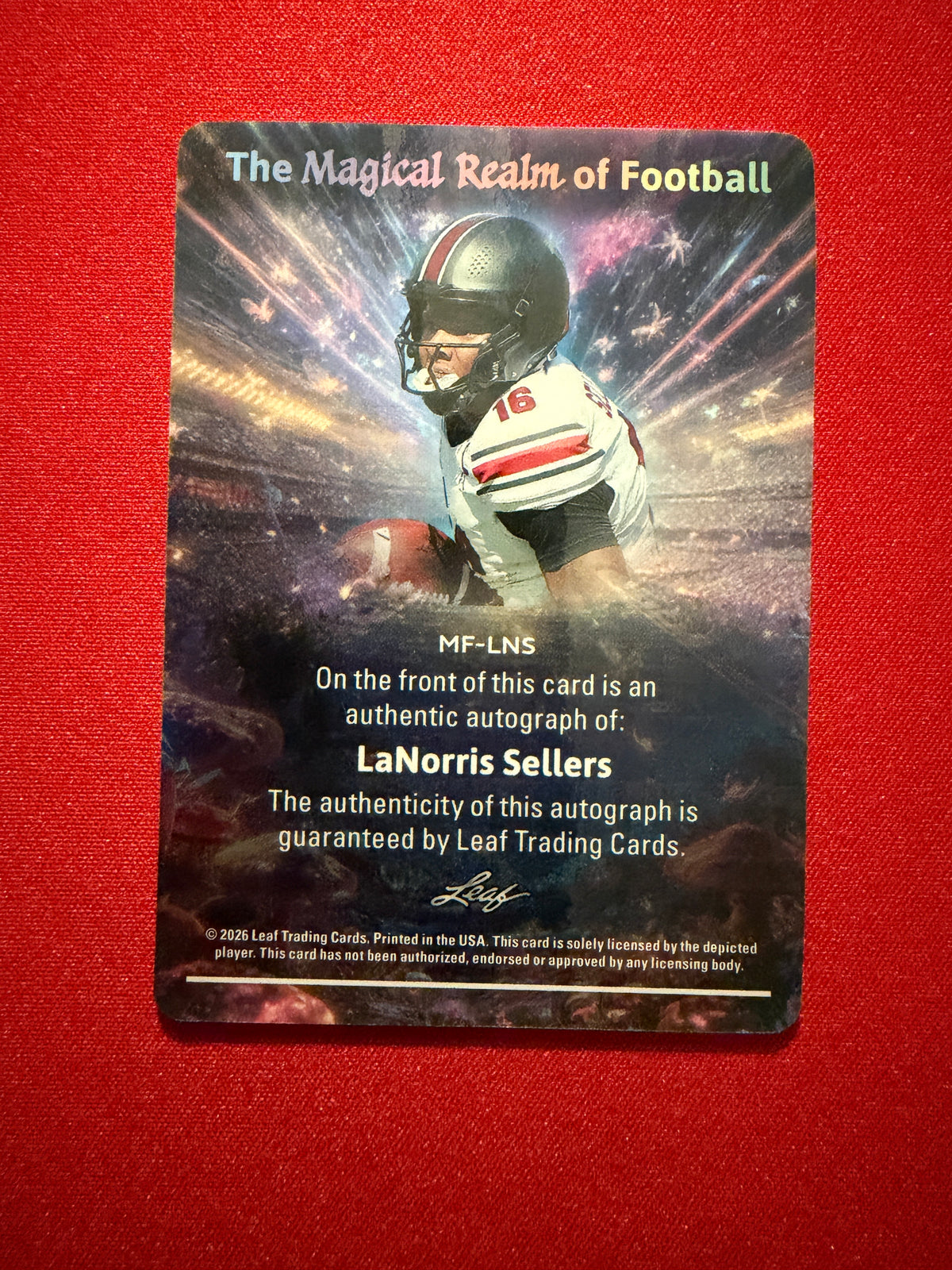 LaNorris Sellers 2026 Leaf Trinity Magical Realm of Football Auto Red /25
