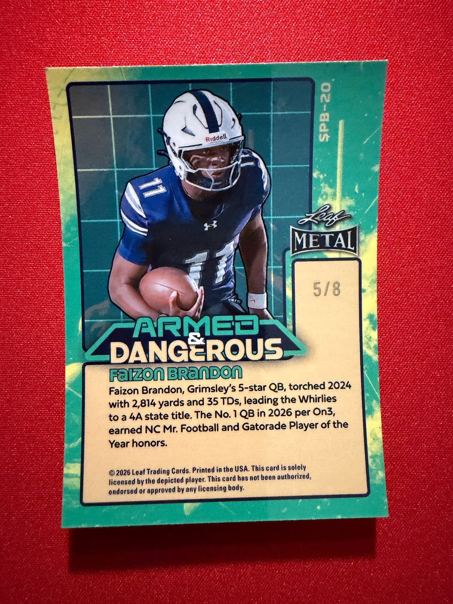 2026 Leaf Metal Football Faizon Brandon Armed & Dangerous Blue Prismatic /8