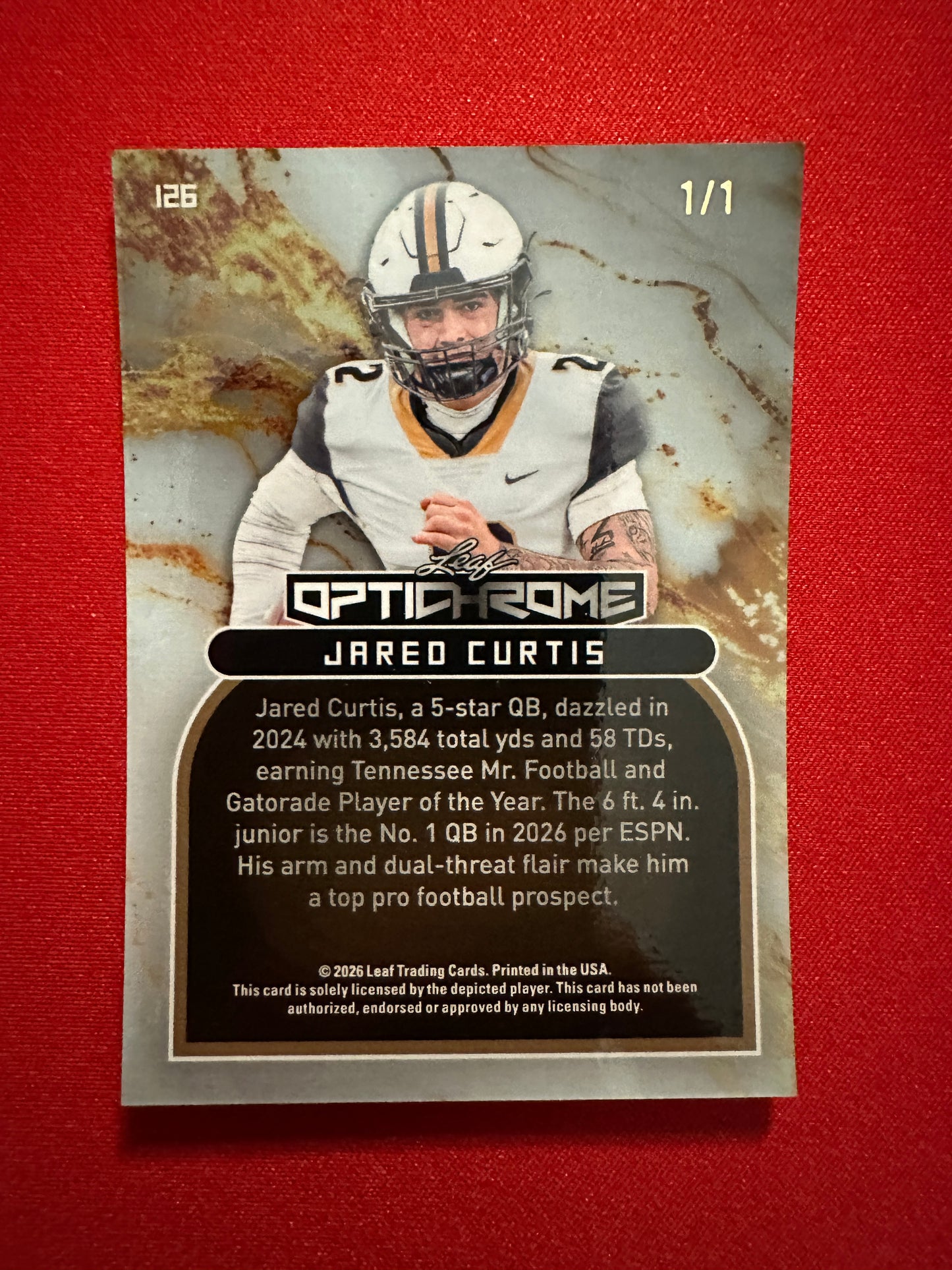 2026 Leaf Optichrome Jared Curtis ONE-OF-ONE Silver Prismatic 1/1 Vandy QB