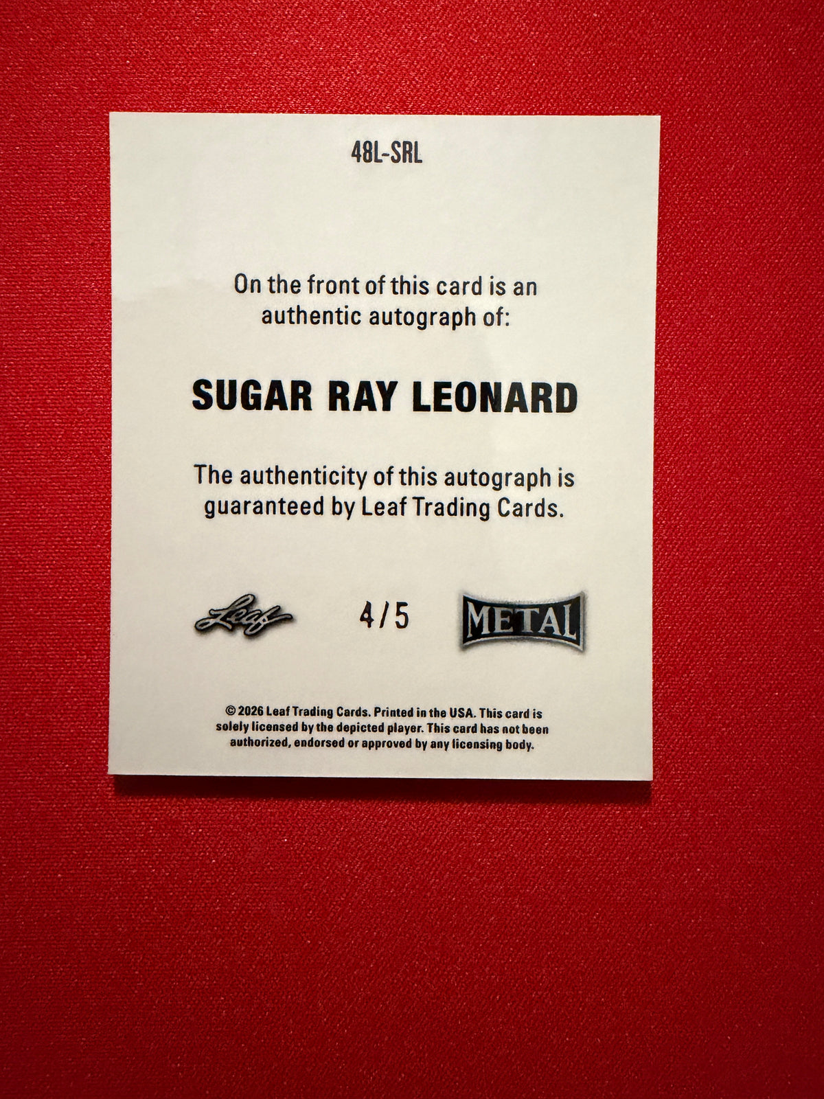 Sugar Ray Leonard 2026 Leaf Metal Ring Kings 1948 Auto Blue 4/5