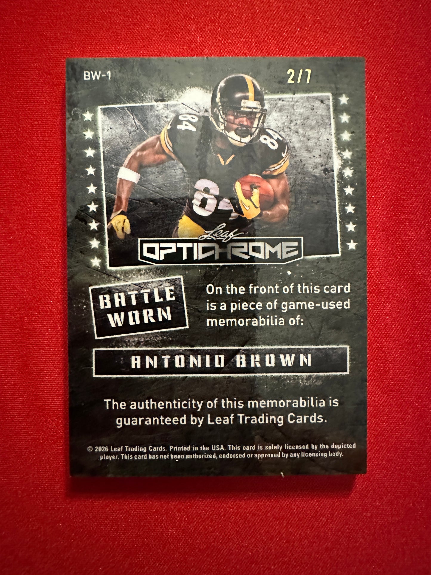 Antonio Brown 2026 Leaf Optichrome Battle Worn Purple Crystal Game-Used Jersey /7