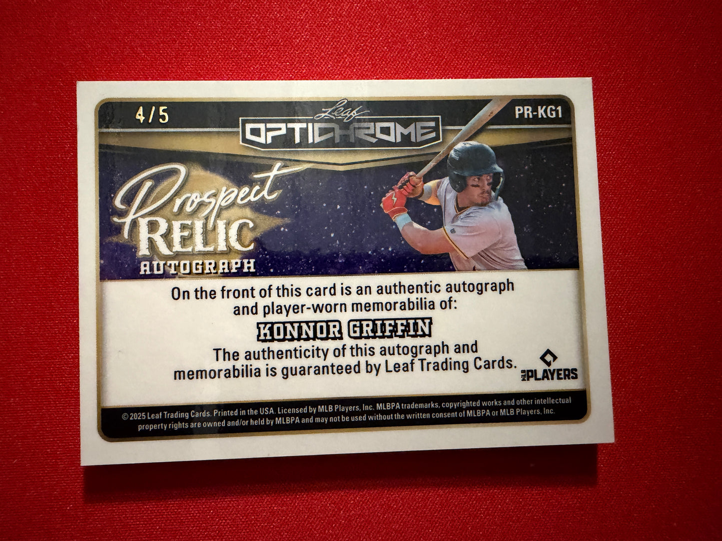 Konnor Griffin 2025 Leaf Optichrome Baseball Prospect Relic Auto Purple Crystal /5