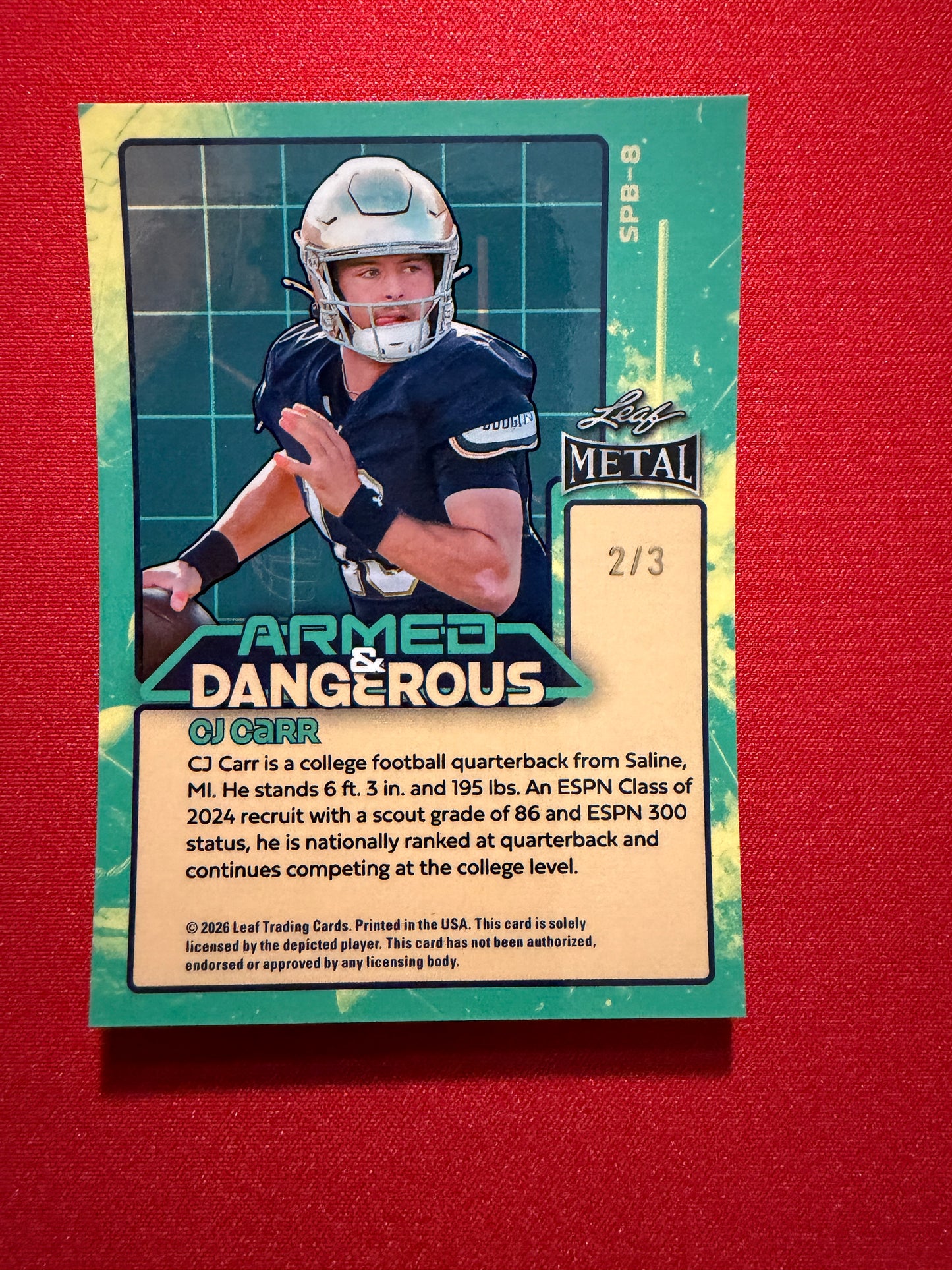 2026 Leaf Metal Football CJ Carr Armed and Dangerous Green Shimmer 2/3