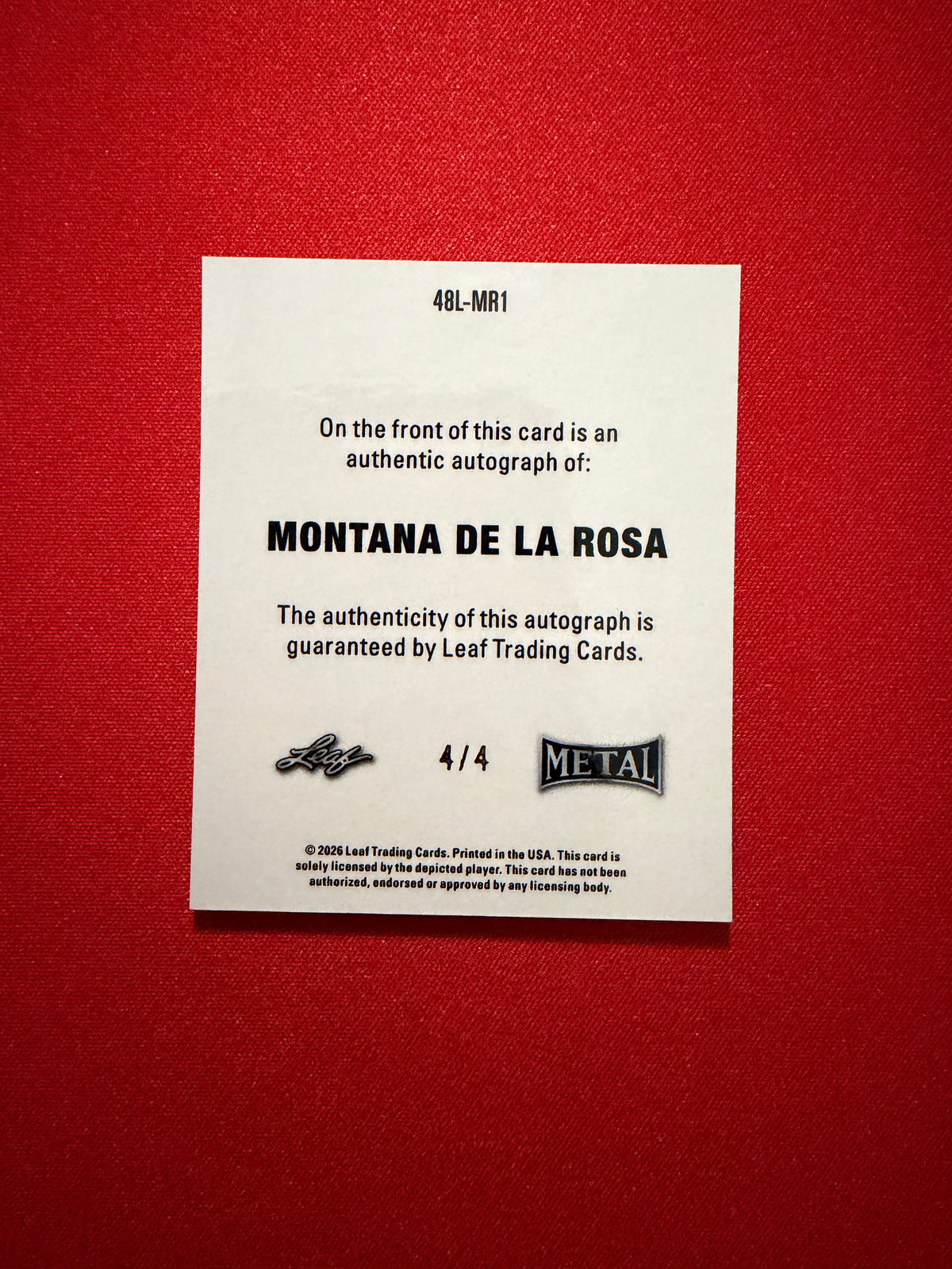 Montana De La Rosa 2026 Leaf Metal Ring Kings 1948 Auto Red 4/4 Bookend