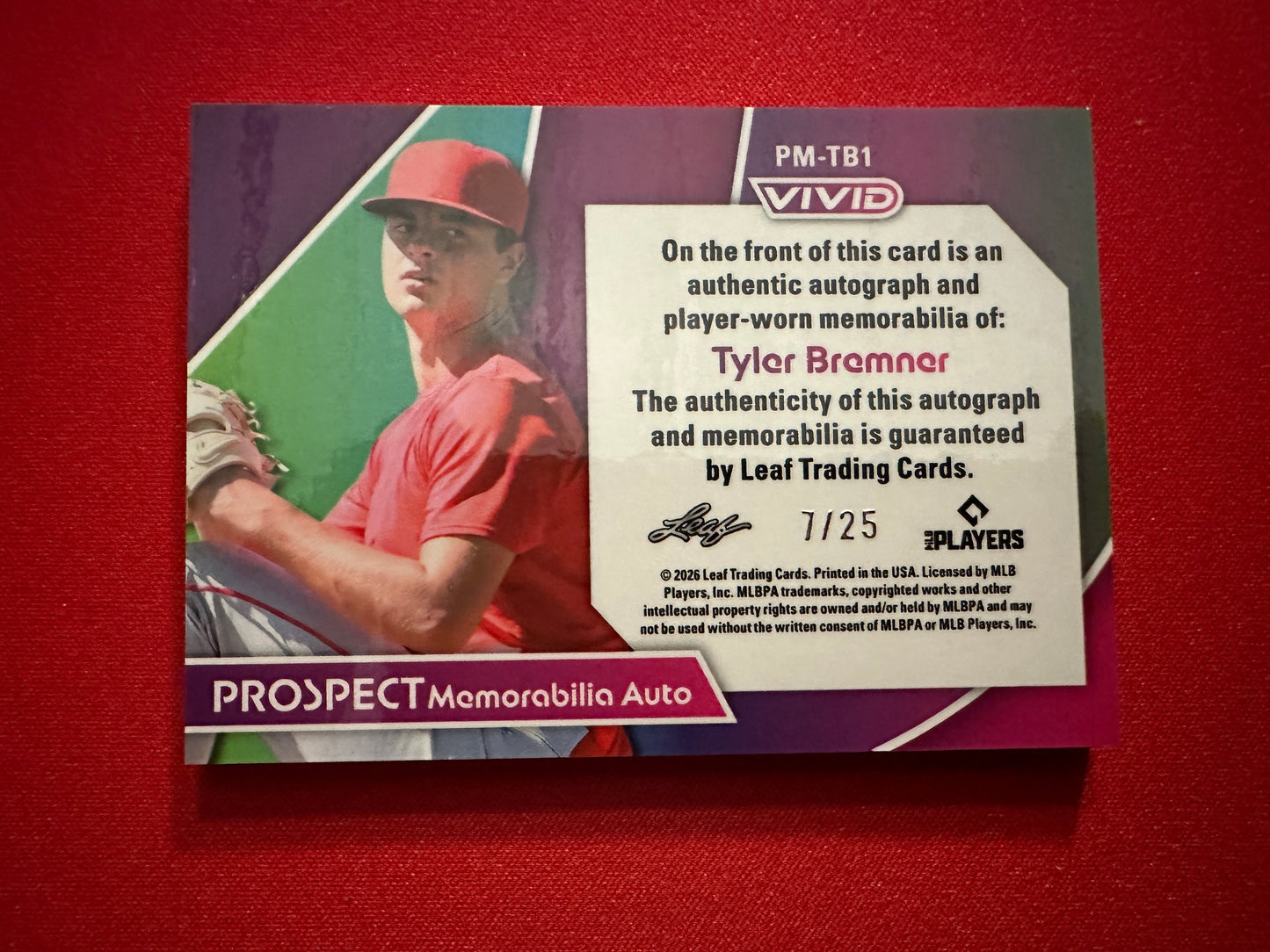 Tyler Bremner 2026 Leaf Vivid Prospect Patch AUTO /25 Angels #2 Pick