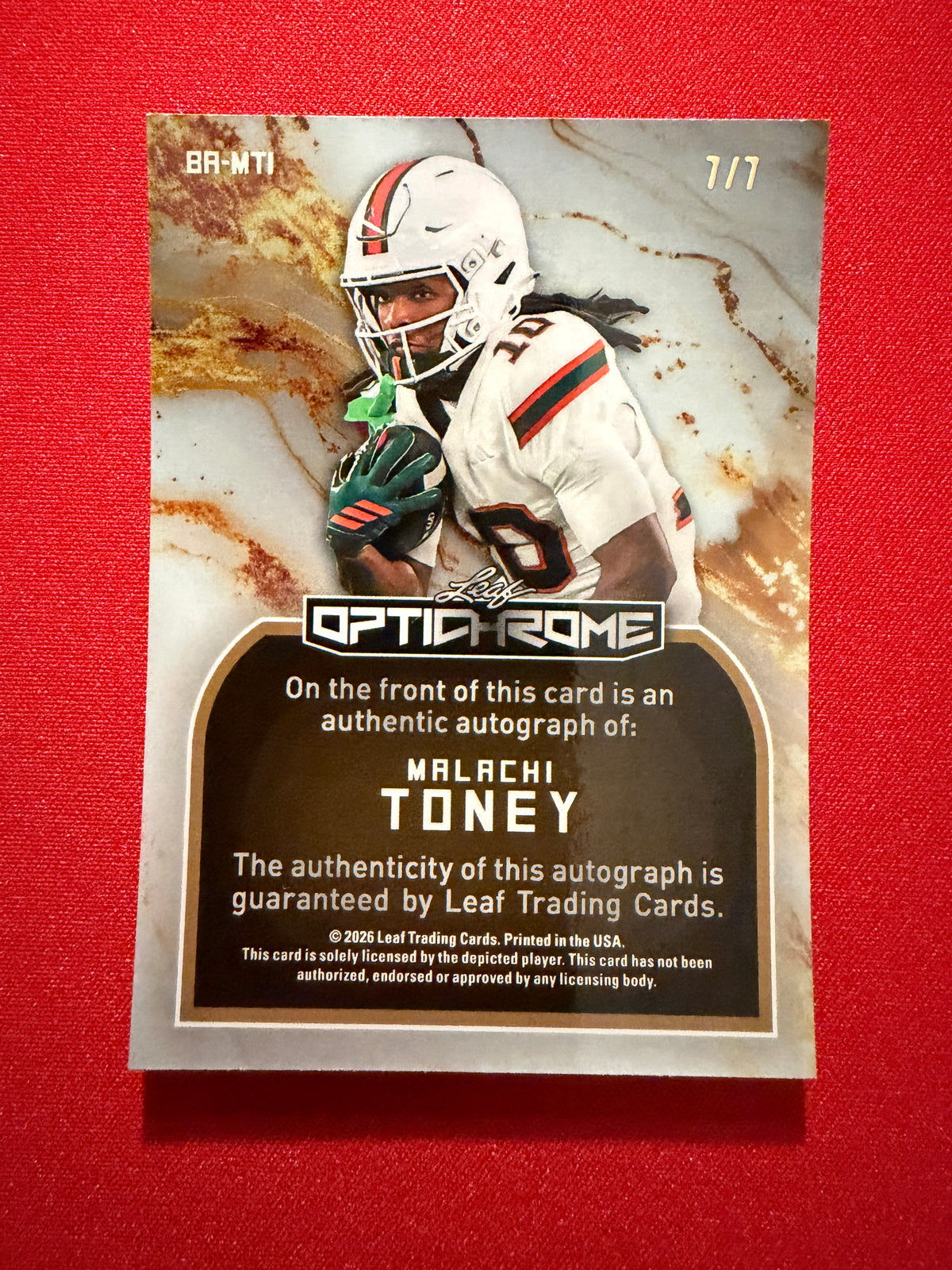 Malachi Toney 2026 Leaf Optichrome Football Base Auto Purple Shimmer 7/7 Bookend