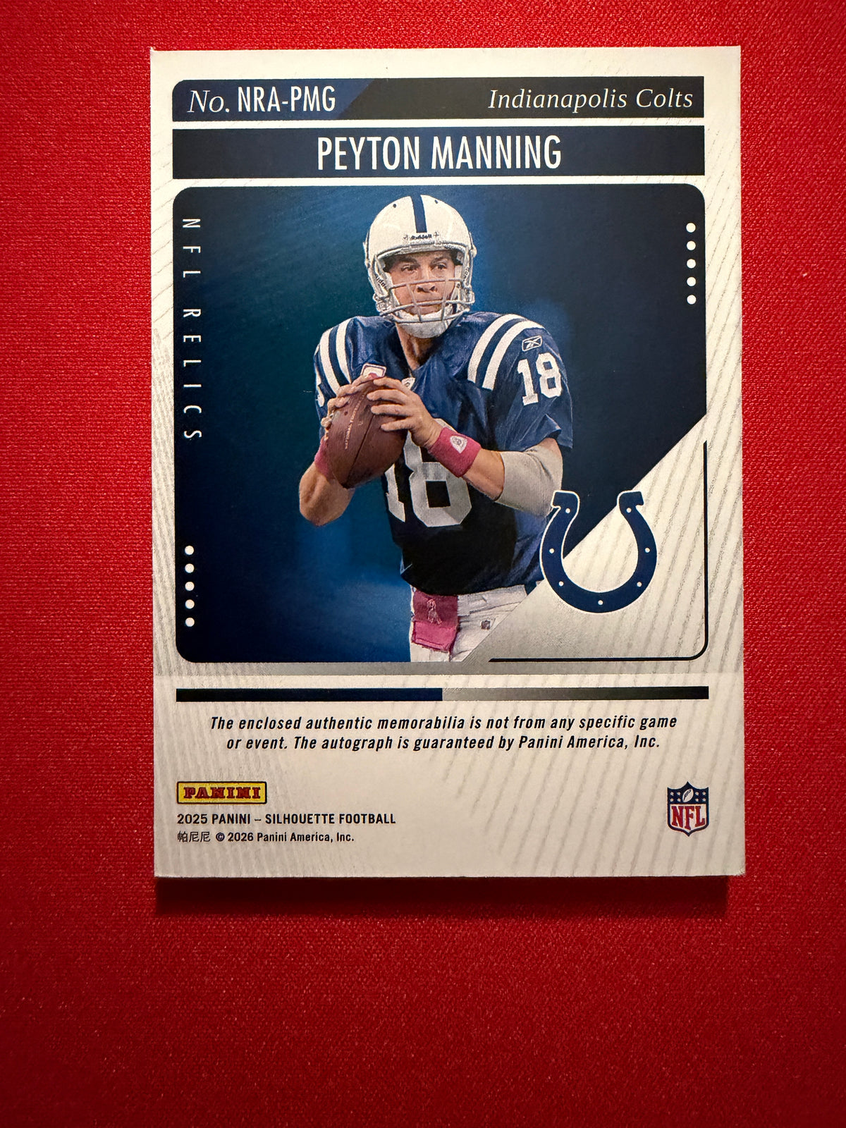 Peyton Manning 2025 Panini Silhouette NFL Relics Patch Auto Multicolor /20 #NRA-PMG