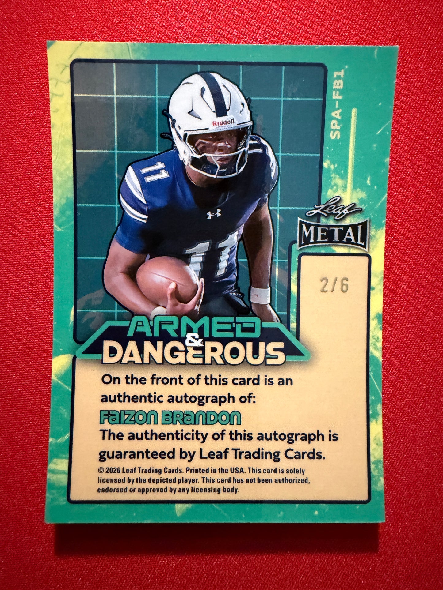 2026 Leaf Metal Football Faizon Brandon Auto Armed & Dangerous Pink Shimmer /6