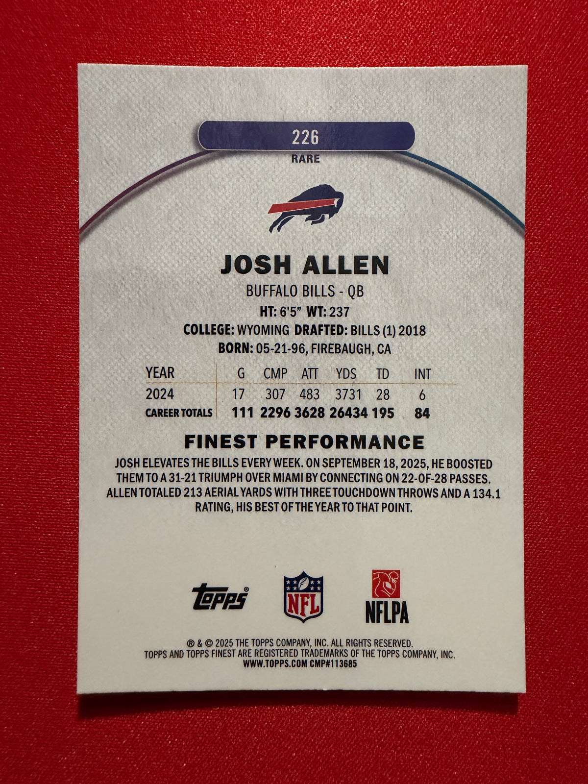2025 Topps Finest Football Josh Allen Rare Blue /99 #226