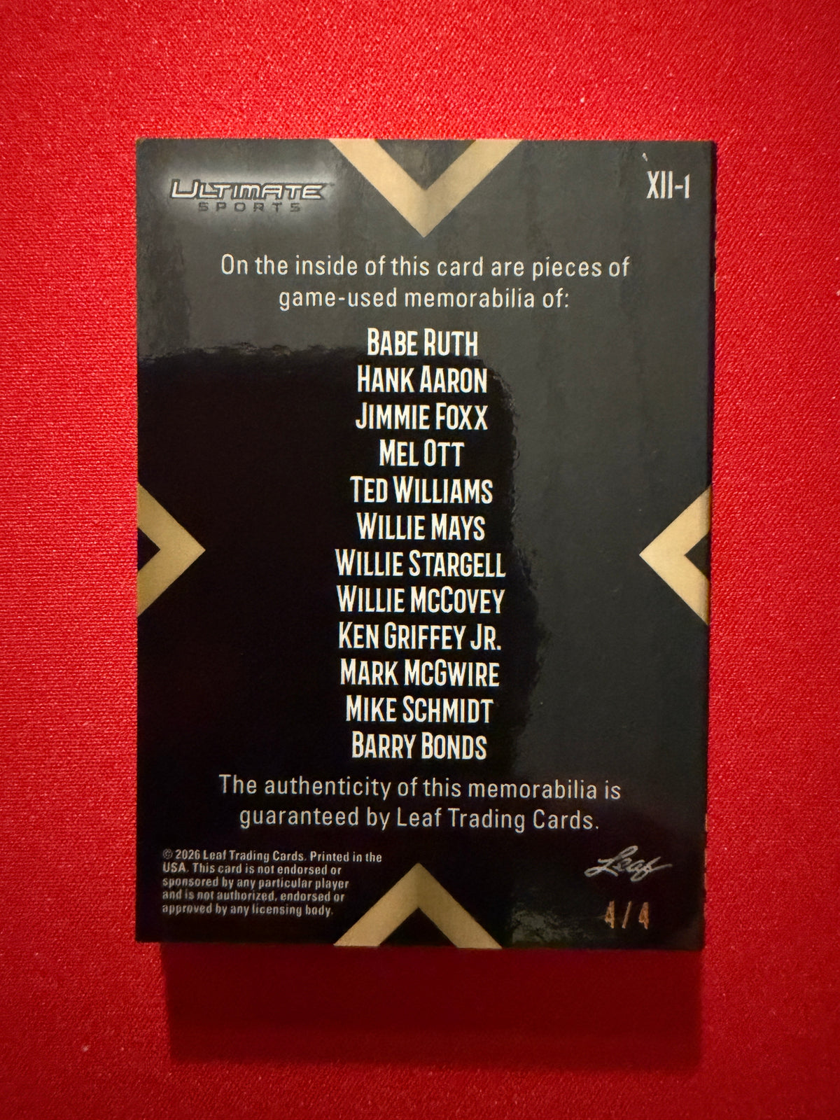 Babe Ruth Ted Williams Mays Griffey 2026 Leaf Ultimate XII 12 Game-Used 1/4