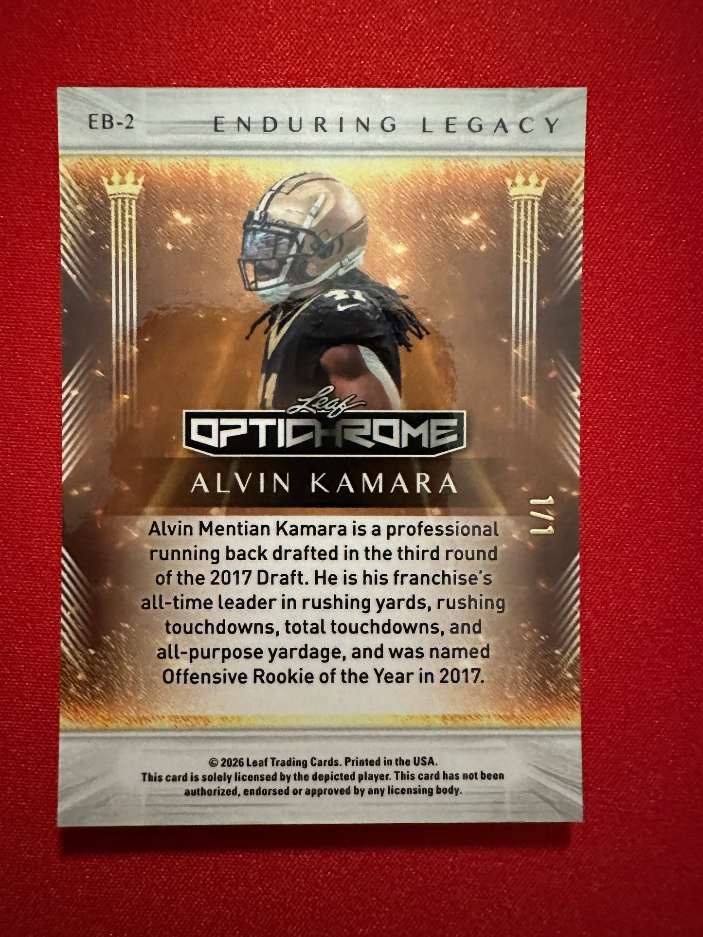 2026 Leaf Optichrome Football Alvin Kamara Enduring Legacy Black 1/1