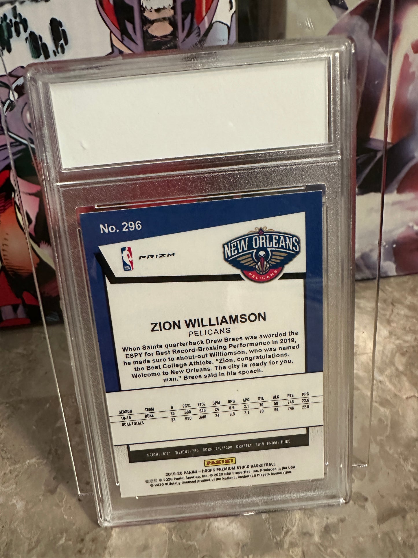 Zion WIlliamson #296 BMG 10 Gem Mint (2019 Panini Hoops Premium Stock)-Purple Disco
