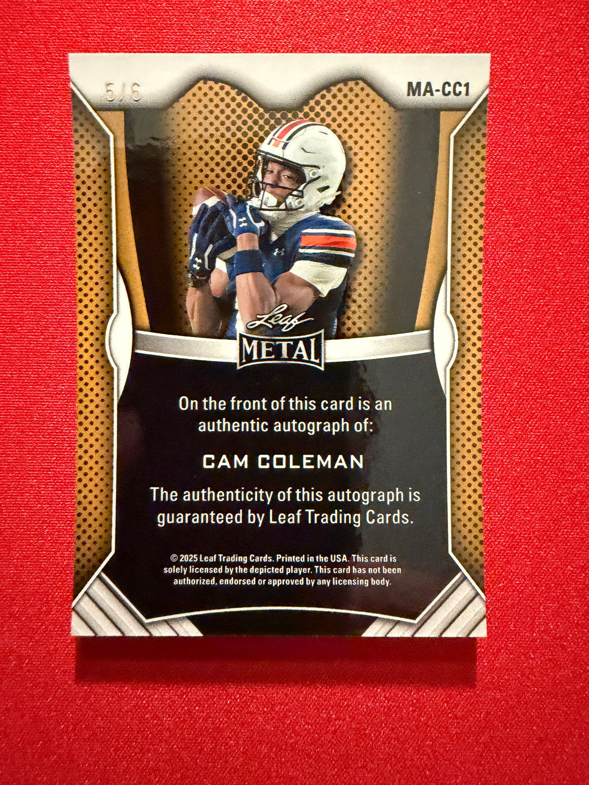 Cam Coleman 2026 Leaf Trinity Football Metal On-Card Auto Blue Color Match /6