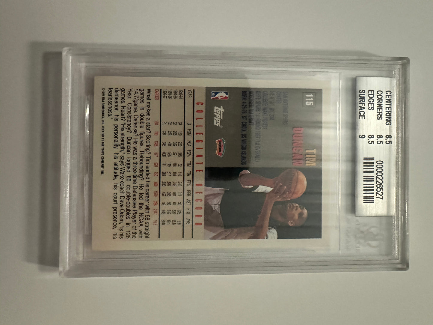 Tim Duncan Beckett Graded 8.5 NM-MT+ (1997-98 Topps)