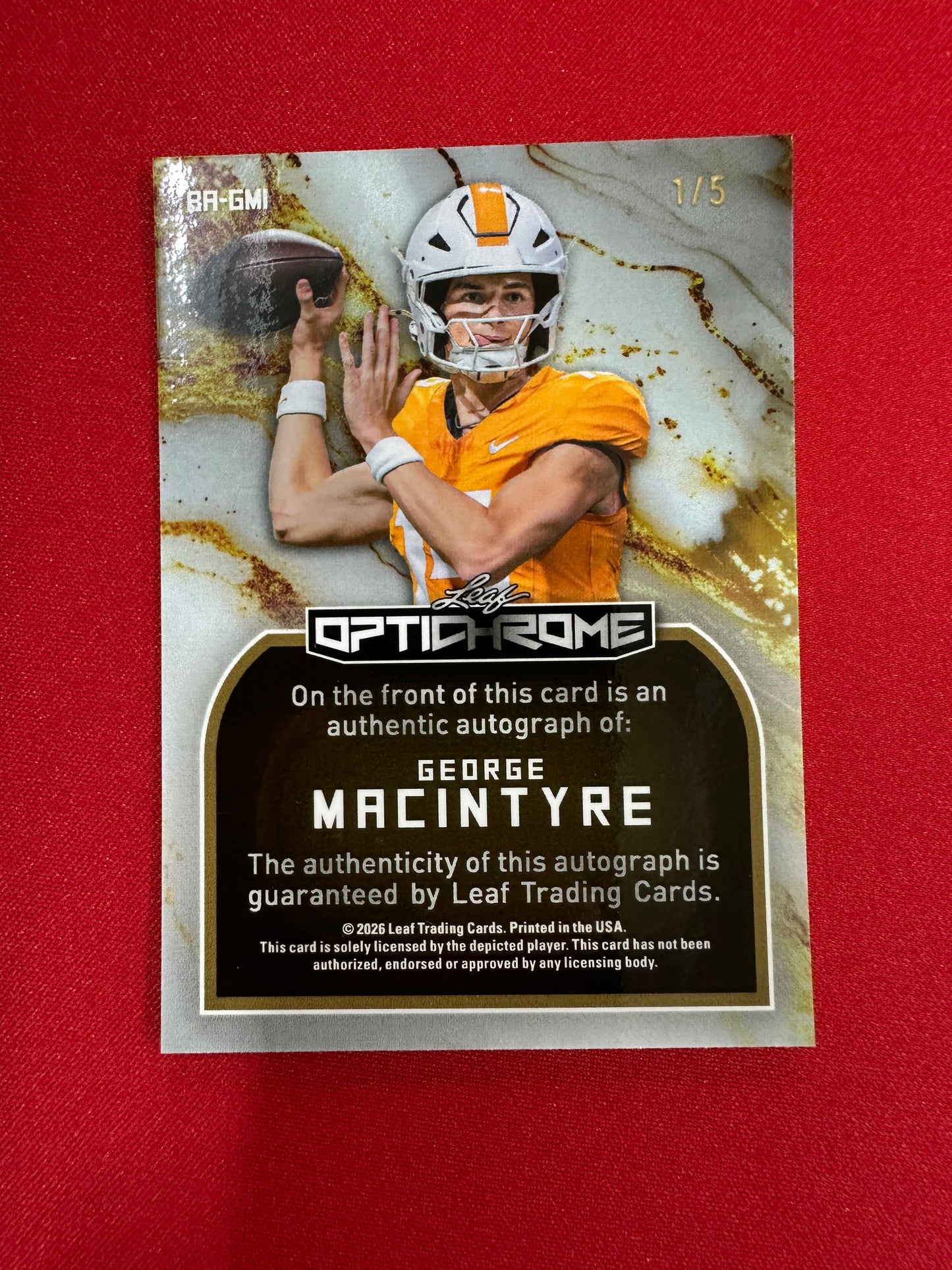 2026 Leaf Optichrome George MacIntyre BLUE SHIMMER AUTO 1/5 Vols 5-Star QB
